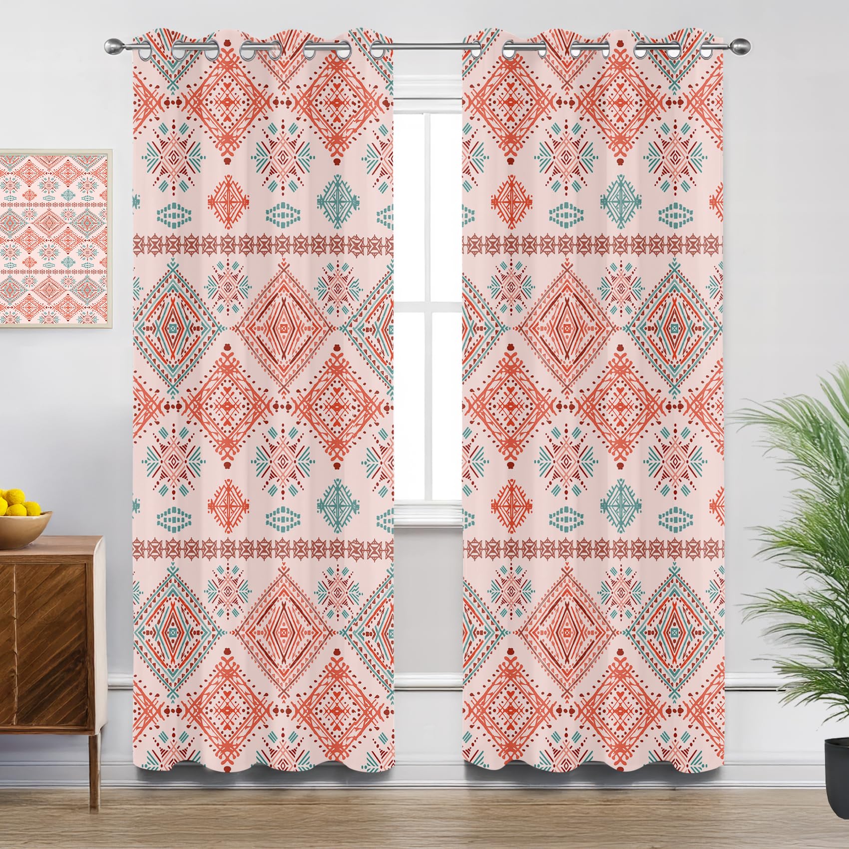 Ethnic Curtains for Bedroom, Bohemian Coral Pink Blackout Thermal Insulated Eyelet Curtains for Living Room, W66 X D72, 2 Panels Drapes Room Decor