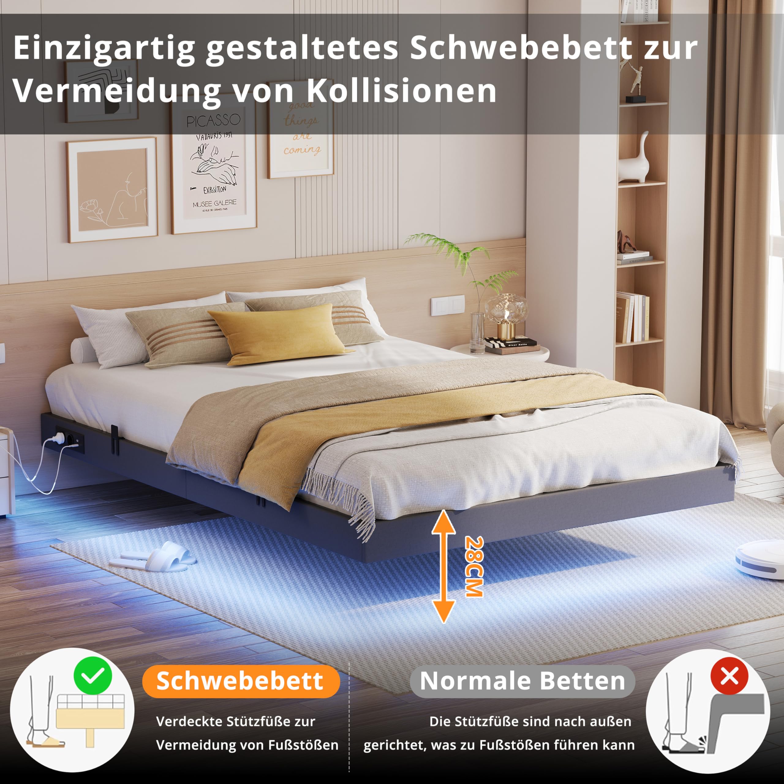 IRONCK Bettgestell 140x200 cm, Schwebender Bett mit LED Beleuchtung, Gepolsterte Seitenwände, 2 AC-Steckdosen, 2 USB-A-Anschluss, 1 USB-C-Anschluss, Metallbett mit Lattenrost Doppelbett, Grau