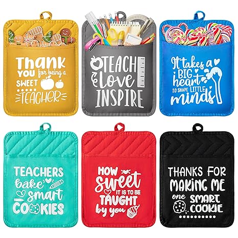 R HORSE 6Pcs Pot Holders with Pocket Funny Teacher Appreciation Gifts Thank You Teacher Pot Holders Kitchen Hot Pads Machine Washable Heat Resistant Oven Mitts for Kitchen Gift Baking Cooking