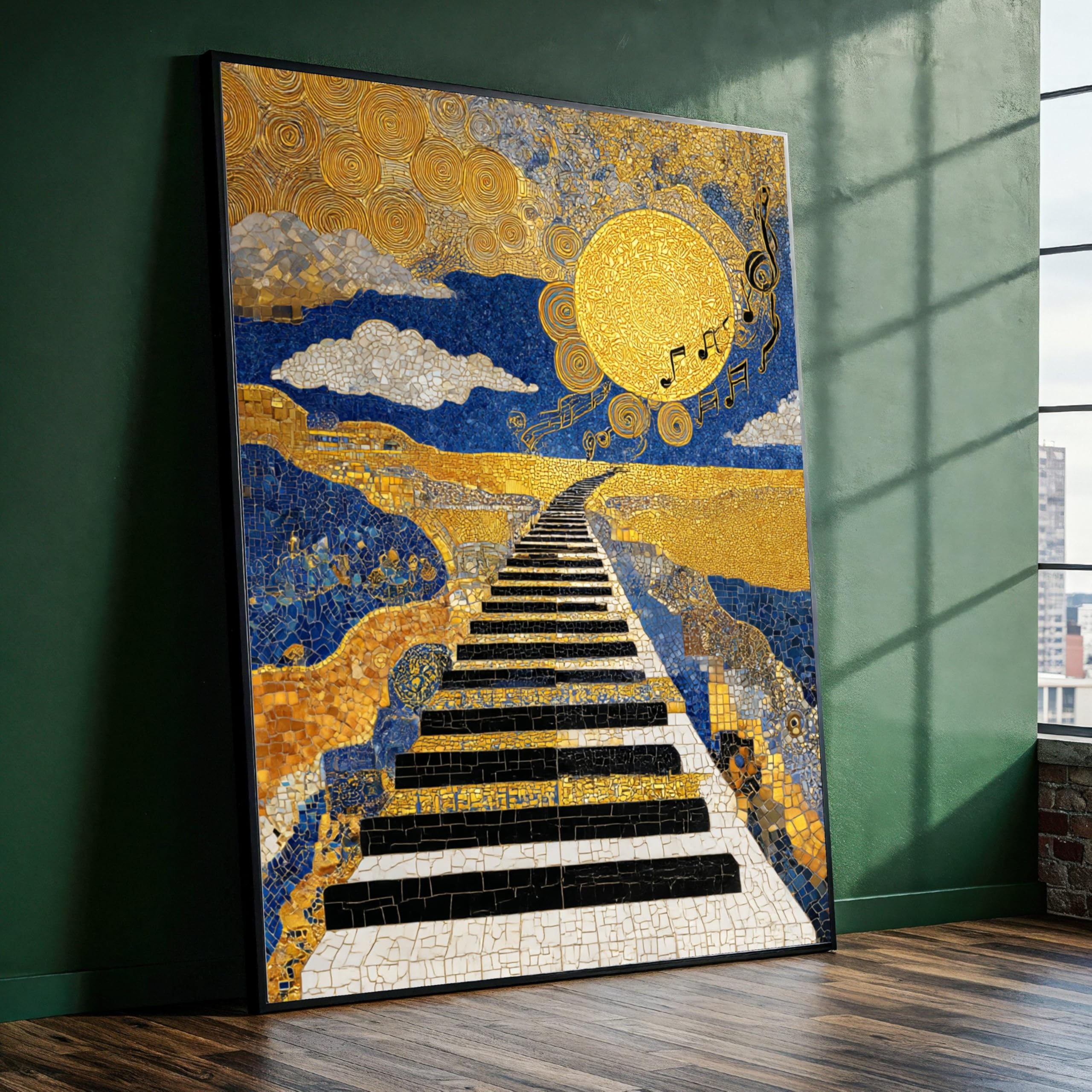 YUSUZHU Mosaic Piano Keys Painting Canvas, Musical Sunset Canvas Wall Art, Abstract Gold and Blue Decoration, Modern Home Canvas(80x110cm/Frameless)