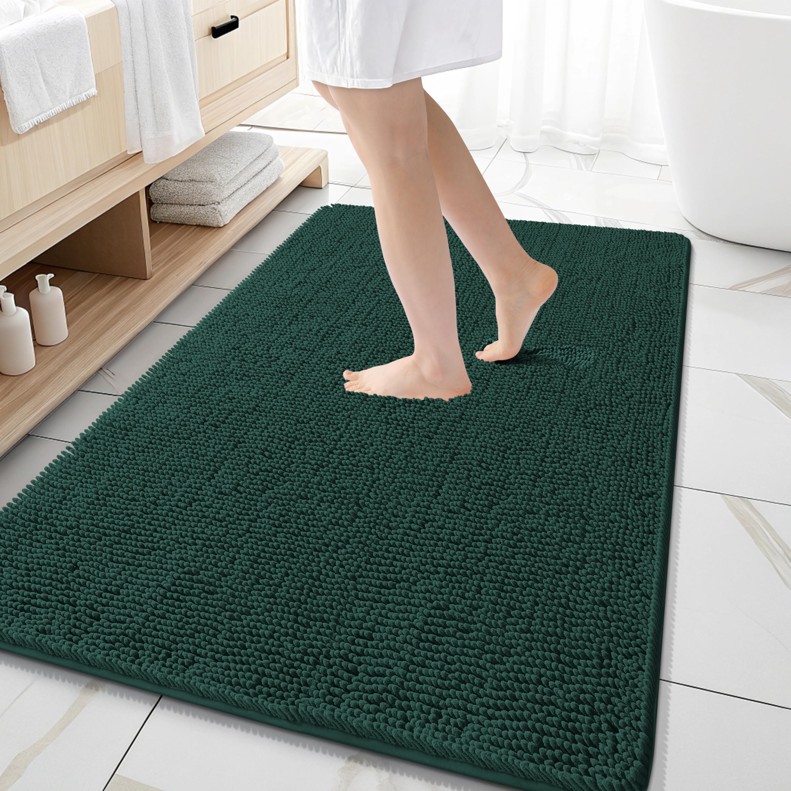OLANLY Large Bathroom Rugs 59x35, Extra Soft Absorbent Chenille Bath Rugs | Blackish Green, Quick-Drying Rubber Backing, Washable Bath Mat for Bathroom Floor, Tub and Shower, Home Decor Accessories