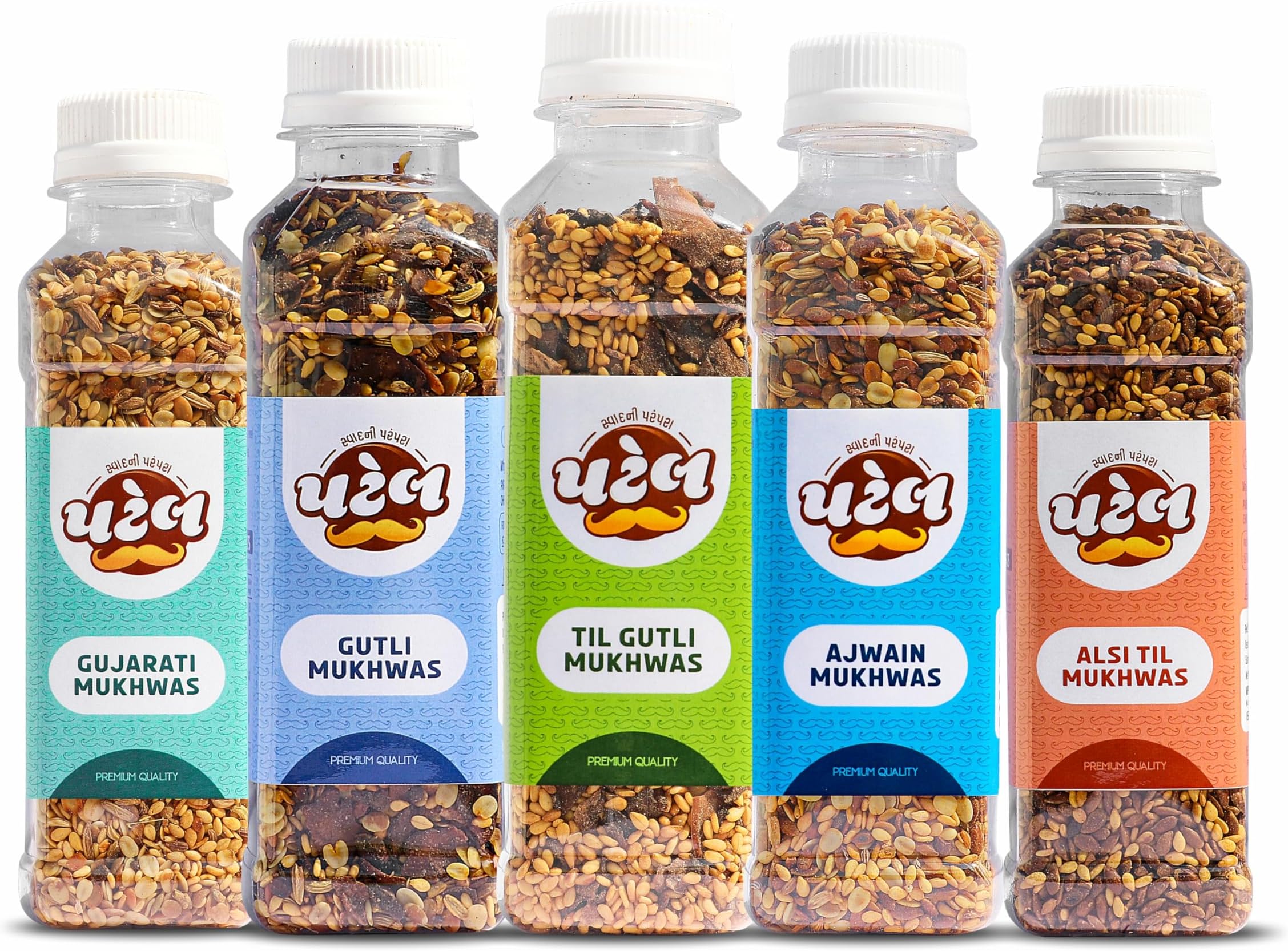 Patel's Mukhwas Mouth Freshener PACK OF 5 (Gujarati Mukhwas, Gutli Mukhwas, Til Gutli Mukhwas, Ajwain Mukhwas, Alsi Tal Mukhwas) 100 Grams Each