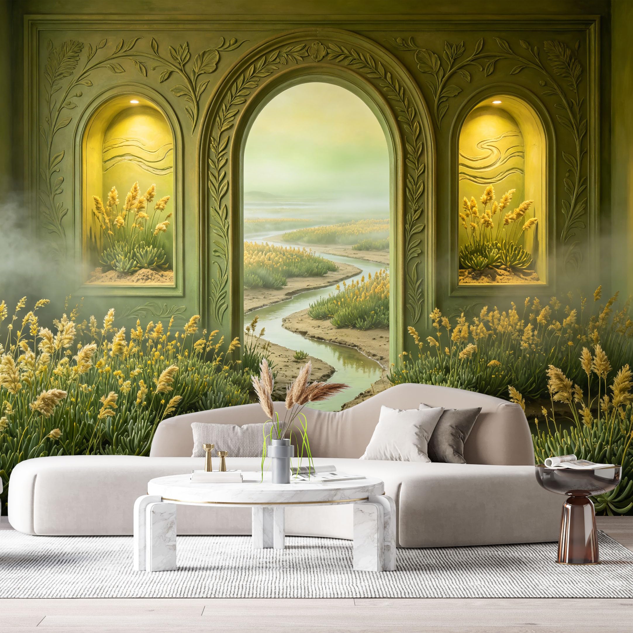 Custom Size Wall Murals Surreal Dreamlike Landscape Stone Archway Botanical 3D Trompe L'Oeil SelfAdhesiveWall Fabric Removable Wallpaper Wall Decor for Living Room Bedroom Bathroom