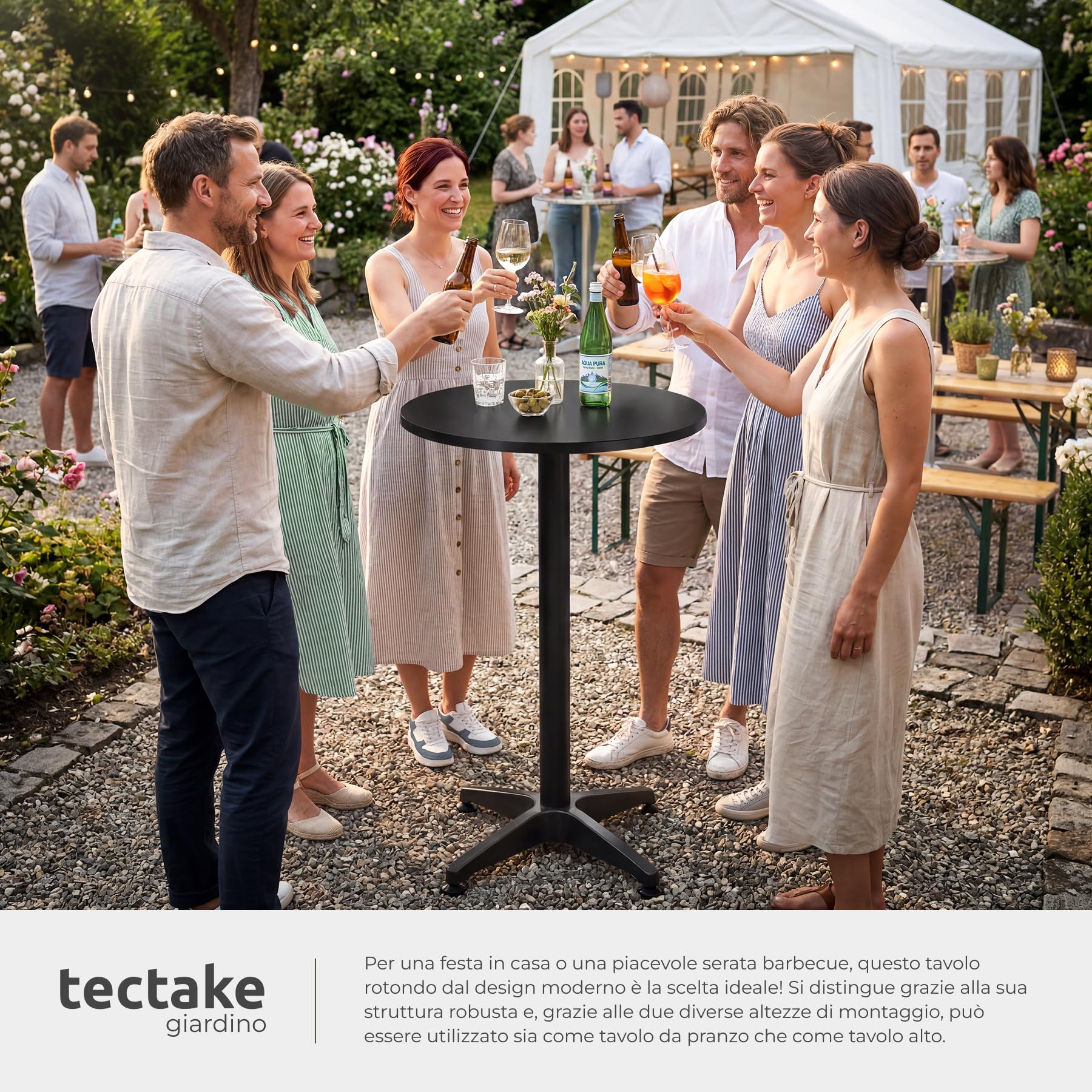 tectake® Set x2 Tavolino da Bistrot 2in1 Ø60 cm, 2x Tavolo Alto o Tavolo Pranzo, 2 Altezze, Pieghevole, Struttura in Alluminio, Piano MDF, Capacità 60 kg, Base in Cemento - Nero
