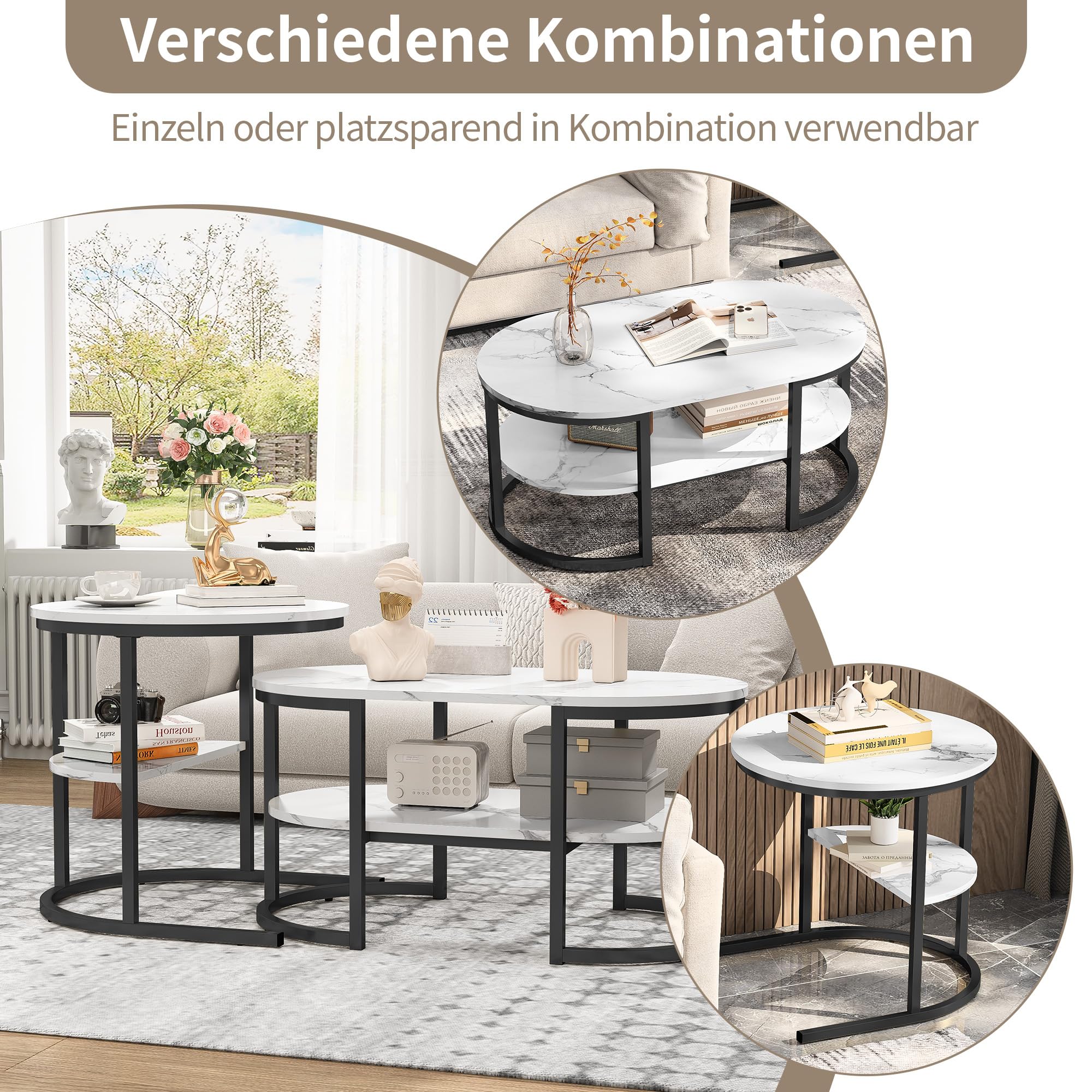 Couchtisch 2er Set,2 in 1 Wohnzimmertisch mit stauraum,Moderne Sofatisch Couchtisch Rund und Oval in Marmor Optik,Metallrahmen satztische fürs Wohnzimmer,Beistelltisch Set