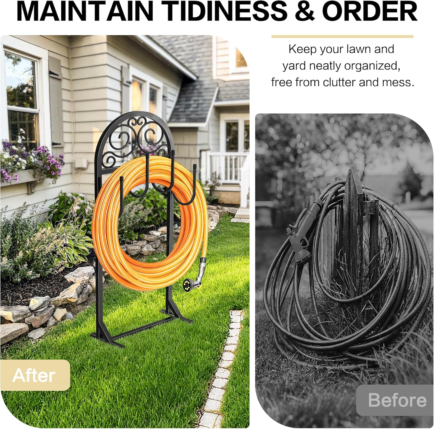 Garden Hose Holder, Upgraded Metal Water Hose Holder with 4 Hooks, Freestanding Heavy Duty Hose Hanger Stand Holds 150 FT Hoses, Detachable Hose Storage Rack for Outside Yard Lawn Farm (Black, Clouds)