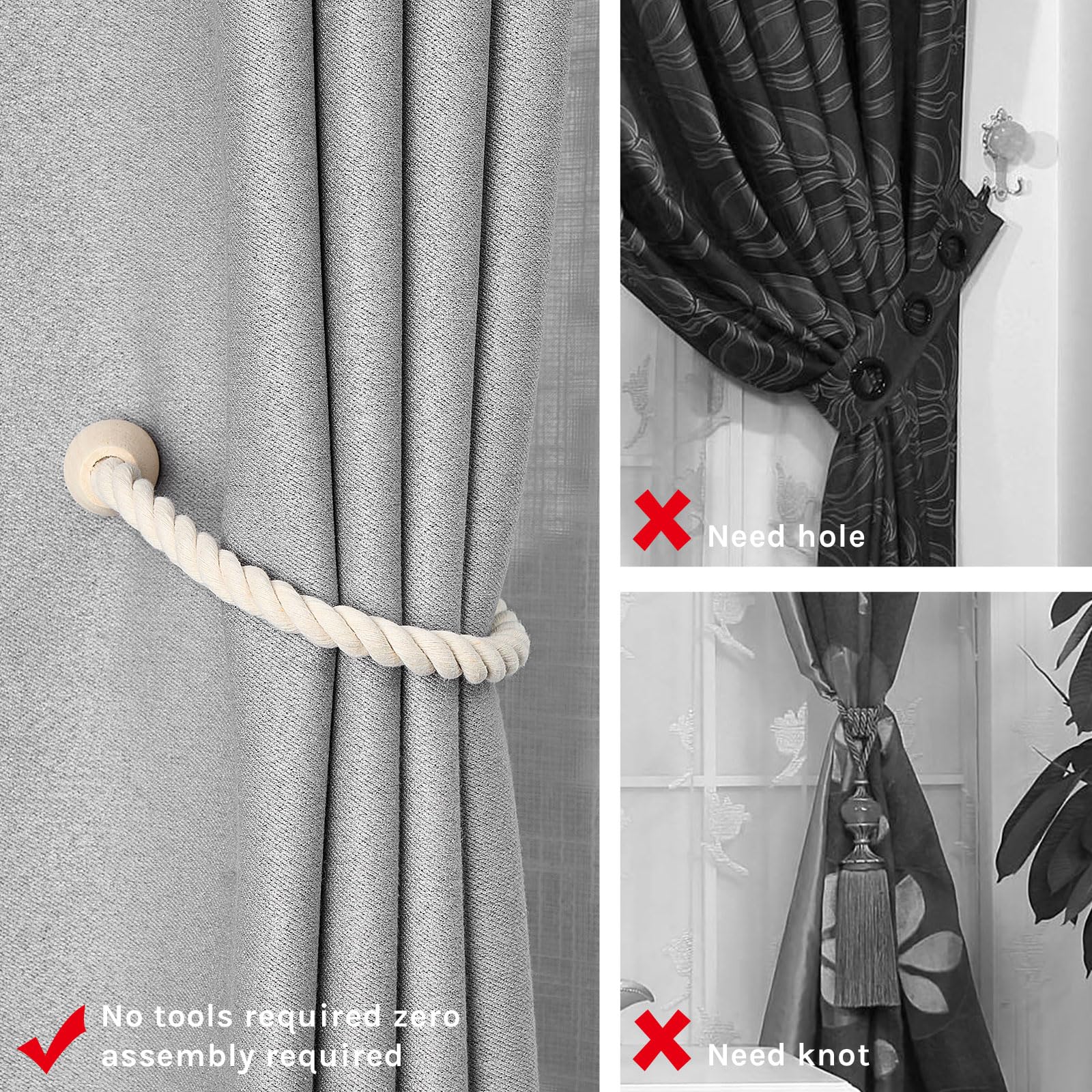NICEEC 4 Pack Wooden Magnetic Curtain Tiebacks Elegant Boho Home Decoration Drape Tie Backs Natural Cotton Handmade Rope Curtain Holdbacks for Home & Office Window Drapery (Beige)