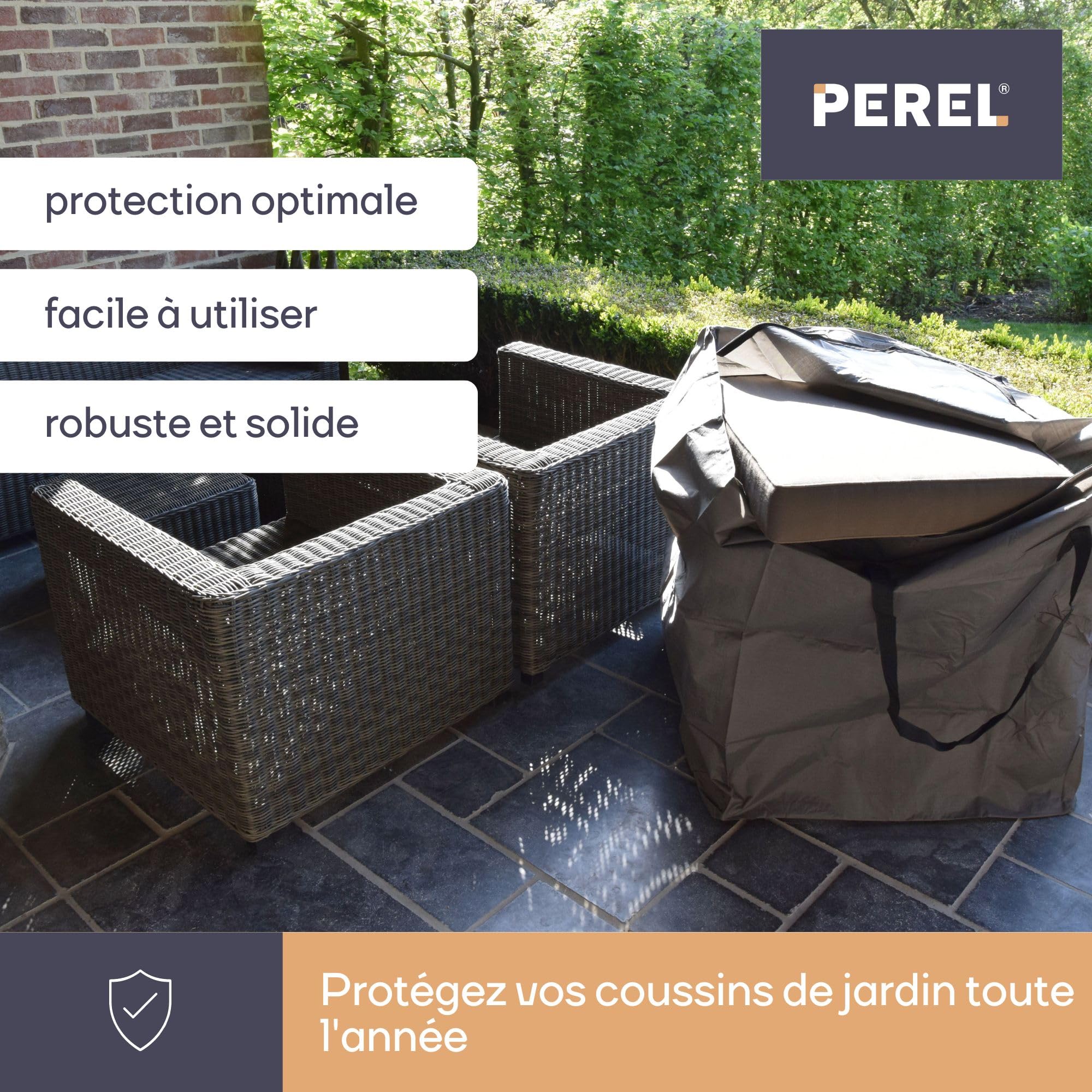Perel Housse de rangement pour coussins 75 x 75 x 90 cm, sac déperlant pour coussins d’extérieur, housse anti-UV avec poignées pour coussins de jardin et lounge