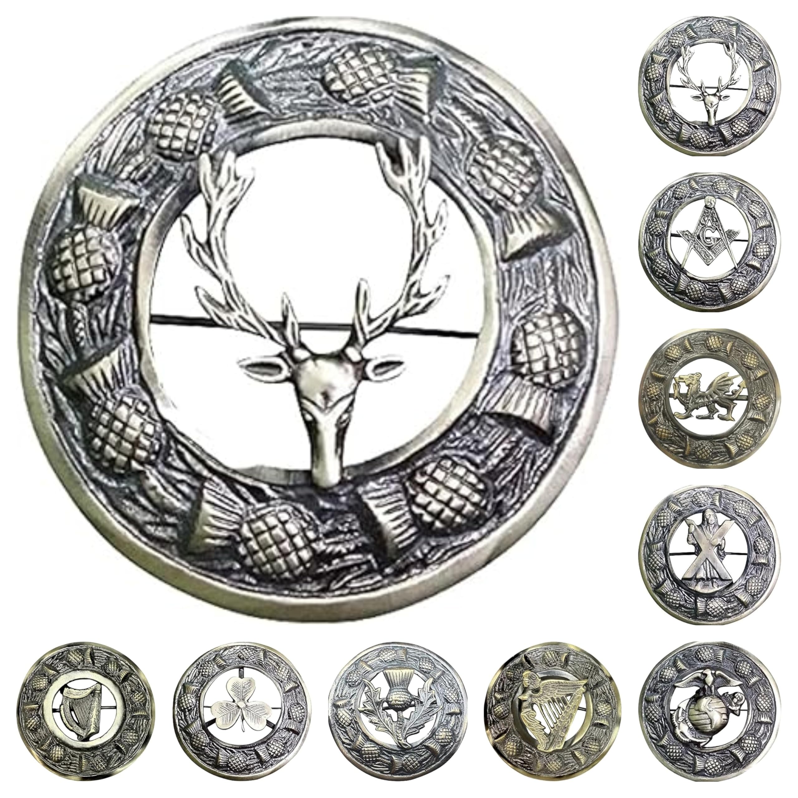 Antique Kilt Brooch for Men with Thistle Design Scottish Fly Plaid 3" (7cm) diameter