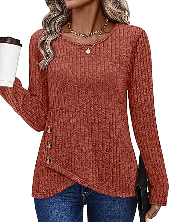 XIEERDUO Women's Tunic Sweater Long Sleeve Crew Neck Top with Buttons