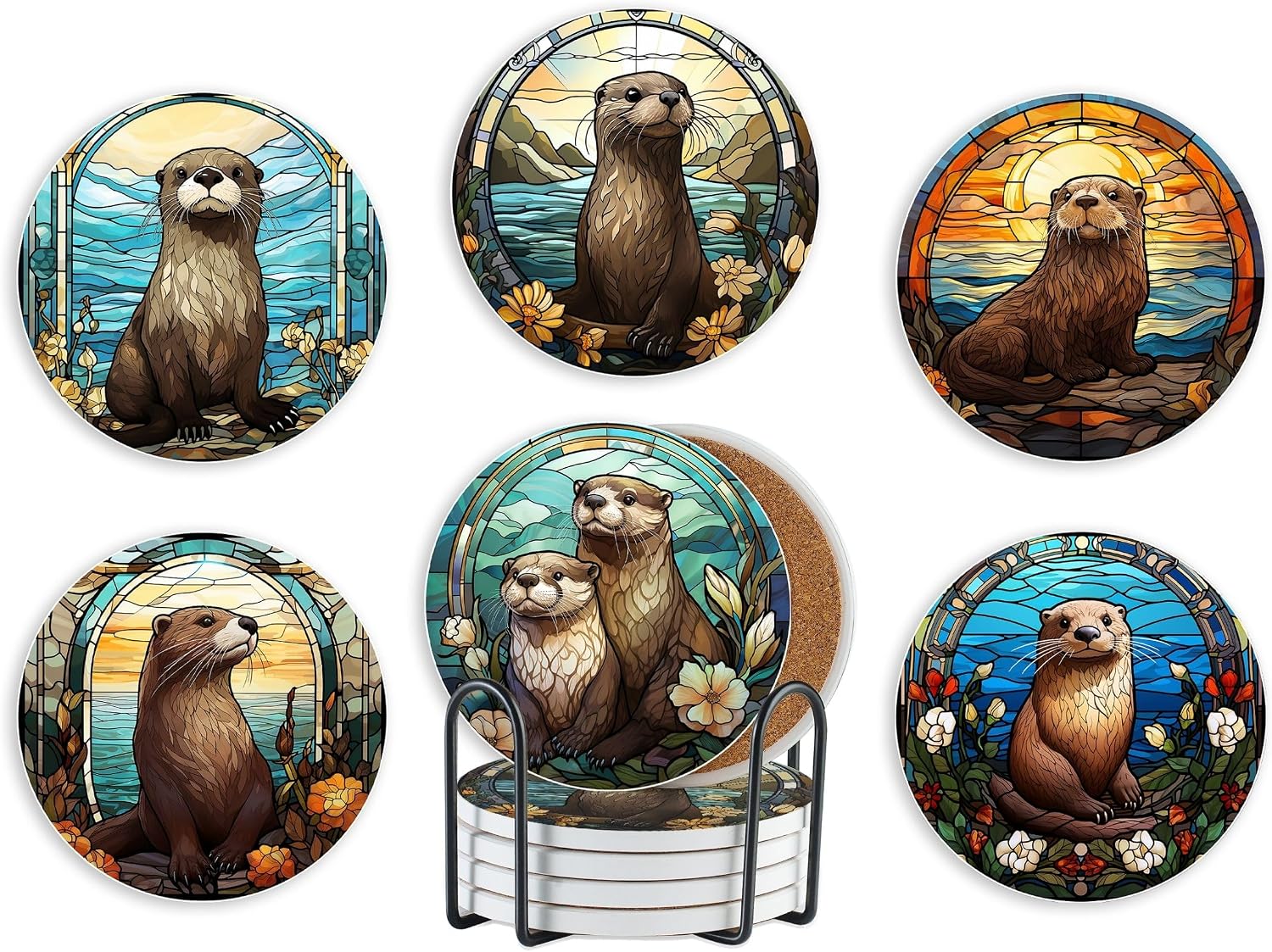 Onebttl Otter Gifts for Otter Lovers, Ceramic Coaster, Set of 6 with Gift Box, Absorbent with Cork Base, Home Decor for Christmas, Birthday