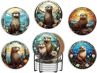 Onebttl Otter Gifts for Otter Lovers, Ceramic Coaster, Set of 6 with Gift Box, Absorbent with Cork Base, Home Decor for Christmas, Birthday