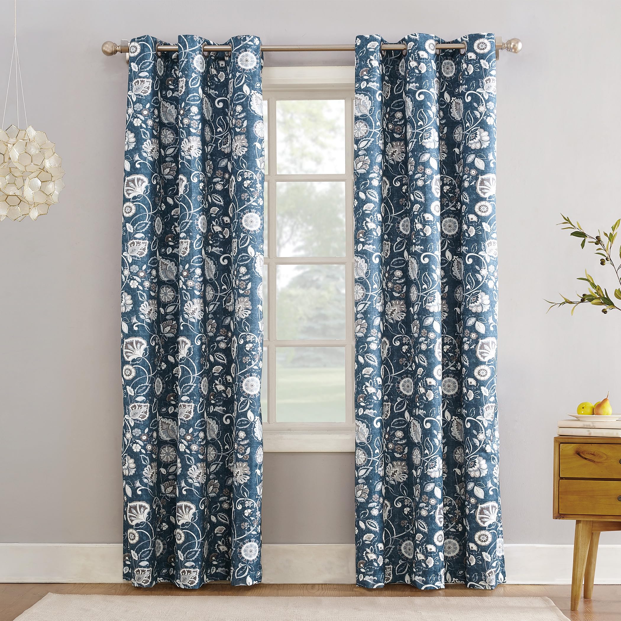 Sun Zero Jorah Botanical Print Thermal Insulated Energy Efficient Grommet Curtain Panel, 40" x 84", Blue, Blue Leaf