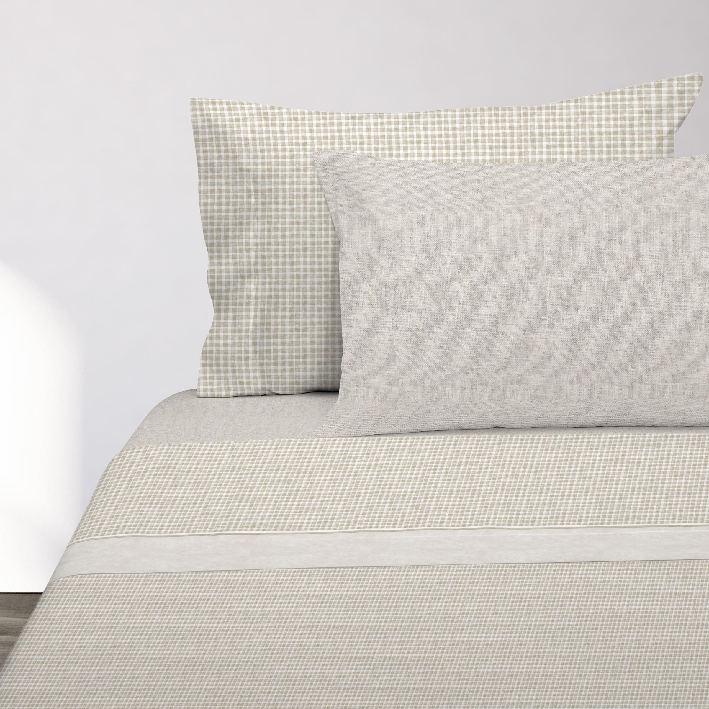 Juego de Sábanas 100% Algodón Vichy Wash Manterol · Percal 150 Hilos · Cuadros Beige · Cama 90-180 cm · con Encimera, Bajera Ajustable y Fundas ·de Almohada (Cama 135/!40cm)