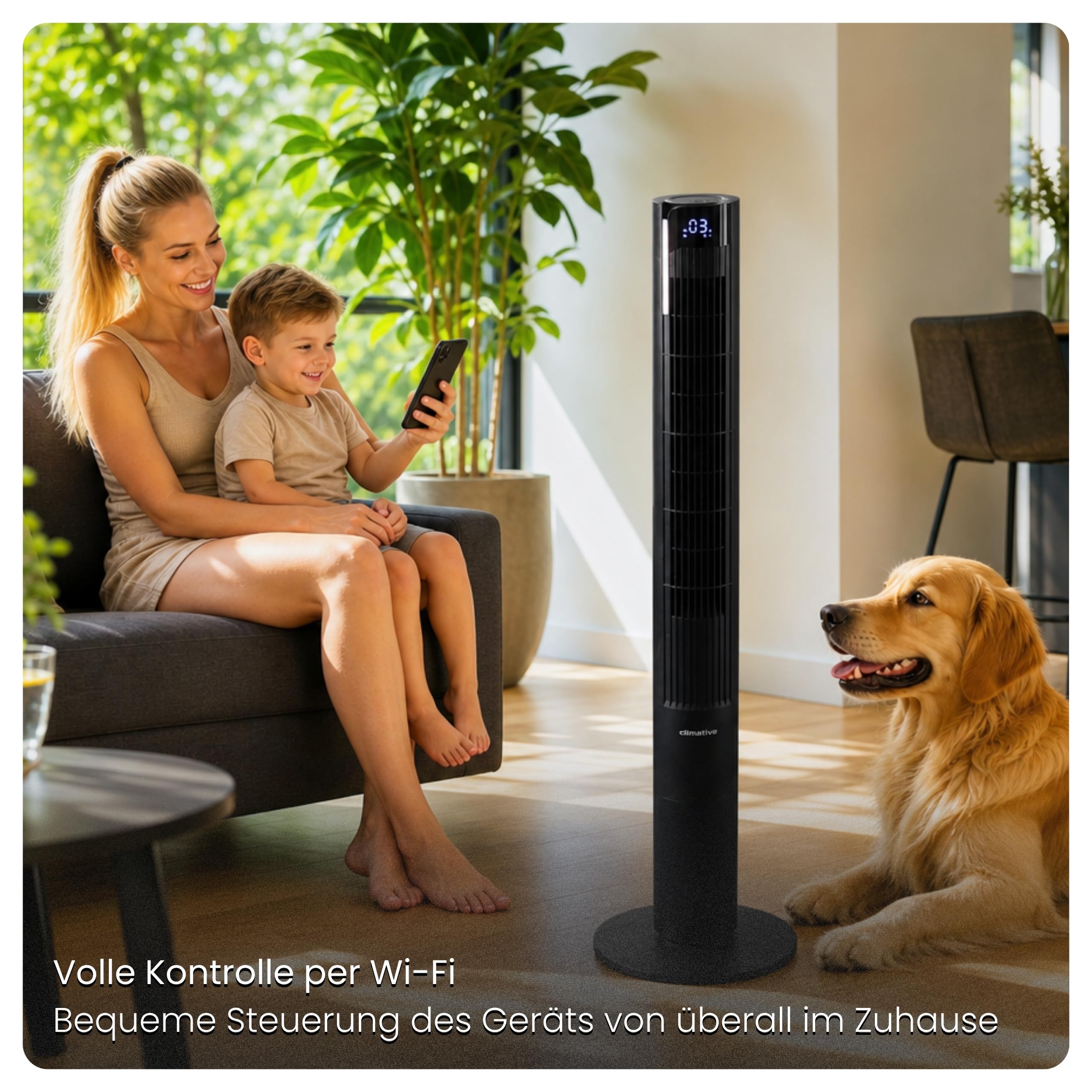 Turmventilator 115cm WiFi Tuya MAX, Ionisator, Orkanartiger 8,5m/s Wind, Nachtlicht, Oszillation, Timer, LED Display, Design Standventilator, Tower Fan, Ventilator leise Schwarz