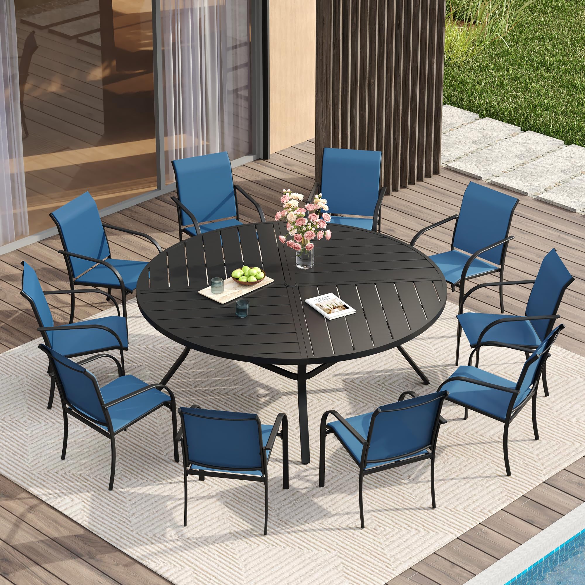 VICLLAX Patio Table and Chair Set of 10, All Weather Metal Round Outdoor Dining Furniture Set-59.9" Round Outdoor Table and Chairs, Black Tabletop