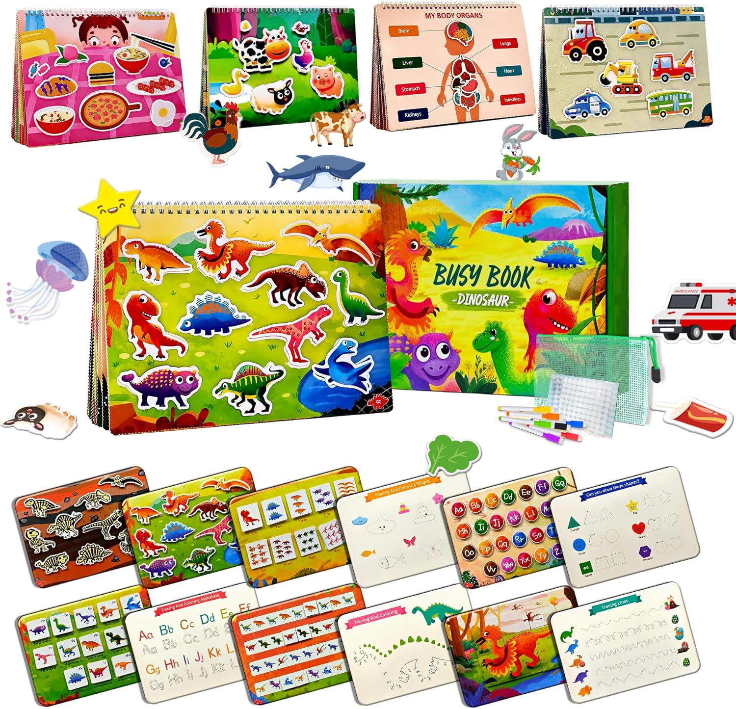 5-in-1, Pre-Assembled 100 Themes Montessori Busy Book for Toddlers 1-3 with 8 Marker Pen, Reusable Tracing Books for Kids Ages 3-5, Baby Activity Books, Montessori Busy Book for Toddlers 1-3