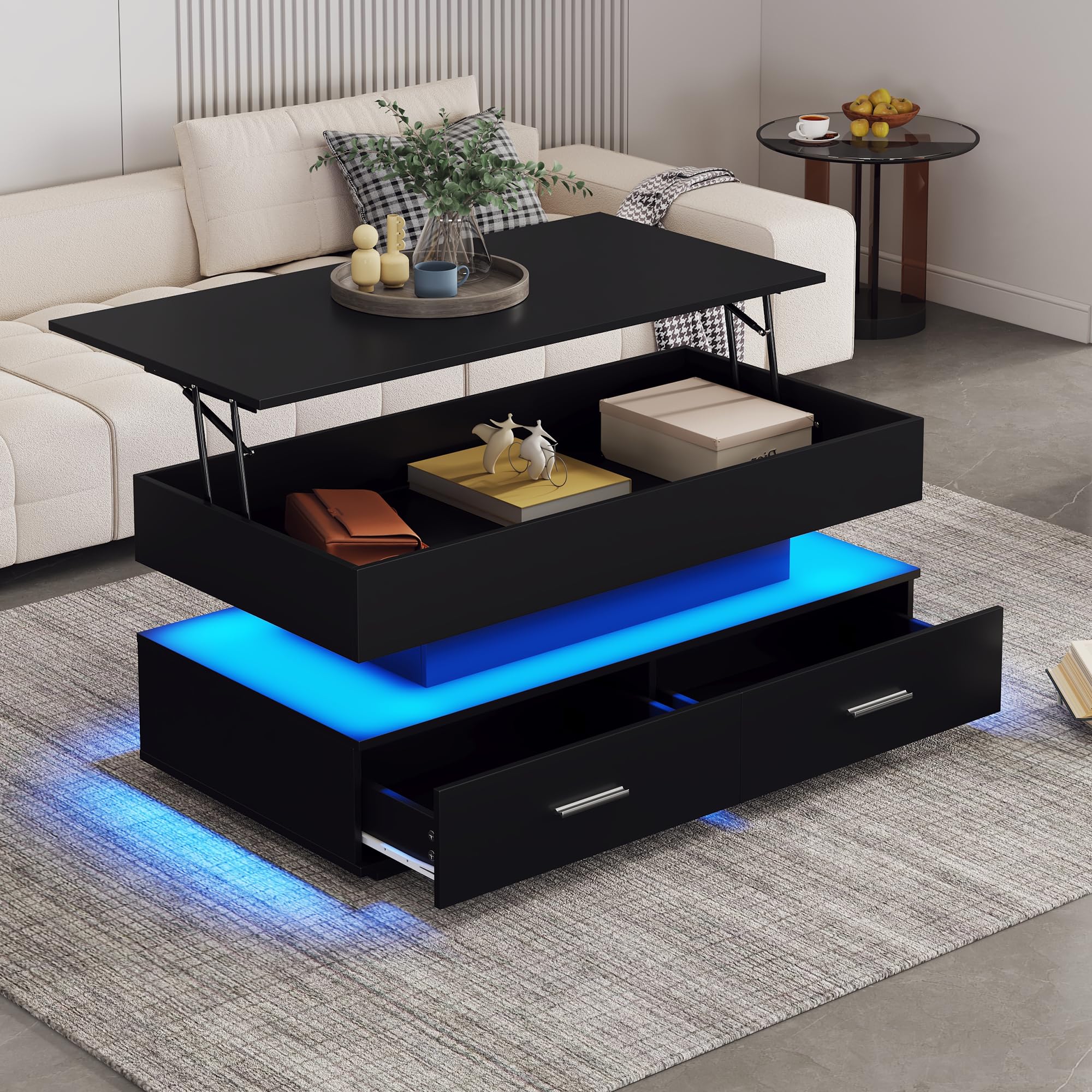 SUKY Mesa de Centro hidráulica Regulable en Altura 100 x 50 x 44 cm, 2 cajones y Espacio de Almacenamiento Abierto, Mesa de Centro elevable