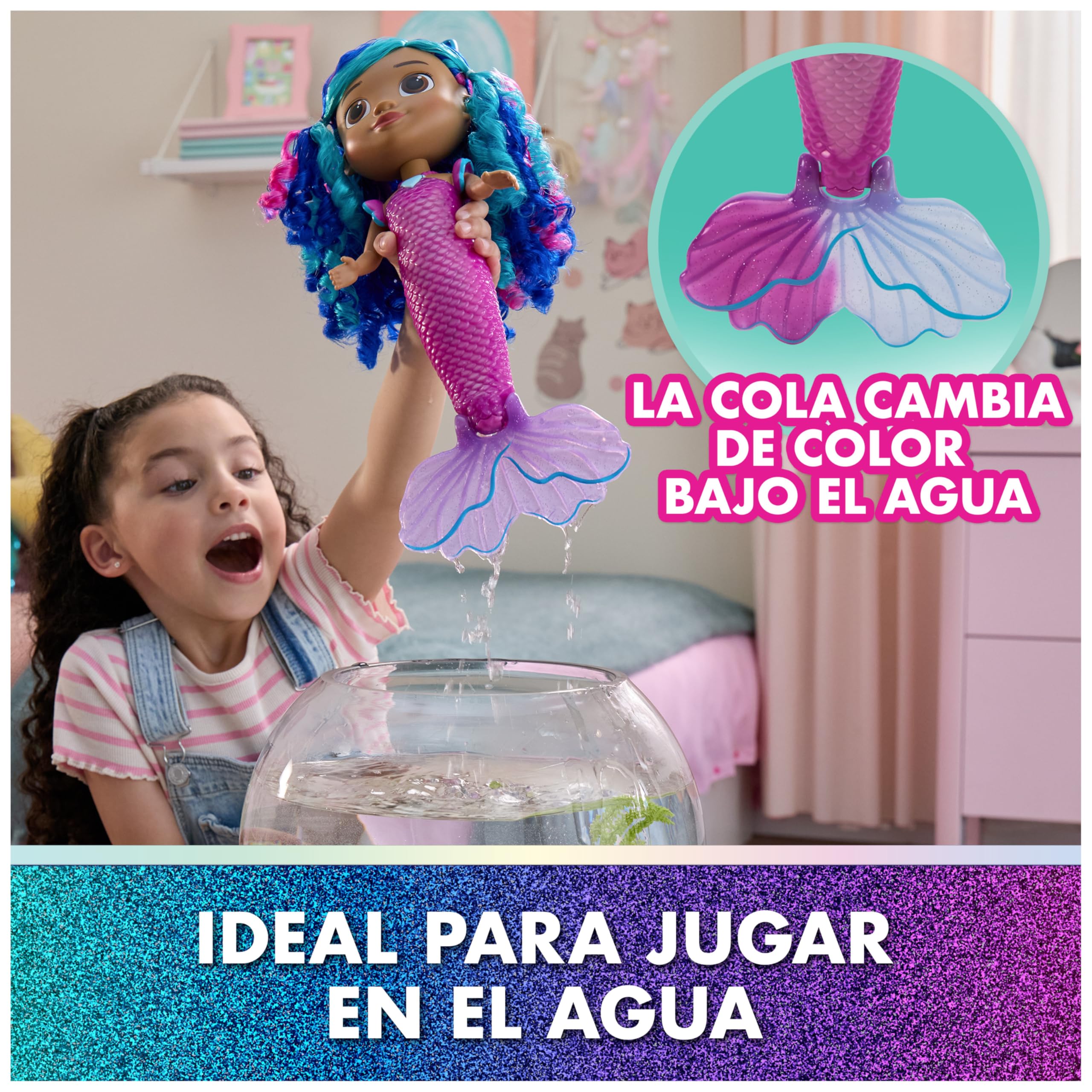 La Casa de Muñecas de Gabby - Muñeca Interactiva Gabby Sirena Canta y Brilla de la Película, con Luces y 14 Sonidos, Resistente al Agua y con Cola Que Cambia de Color - Regalo Niña 3 años +