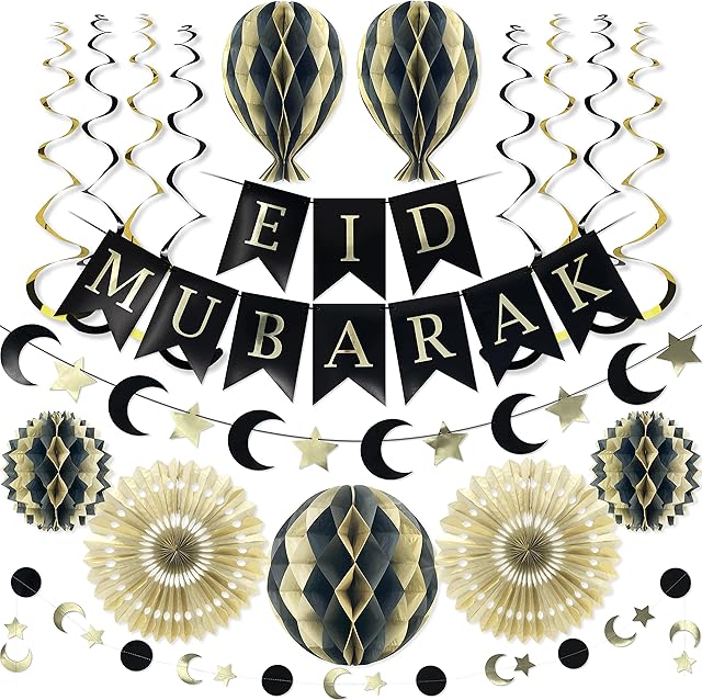 Premium Reusable Eid Decorations - Eid Mubarak Decorations - Ramadan Decorations for Home - Multi-occasion Eid Mubarak Banner, Hanging Crescent Moon & Star Decorations - Islamic Decorations for Home
