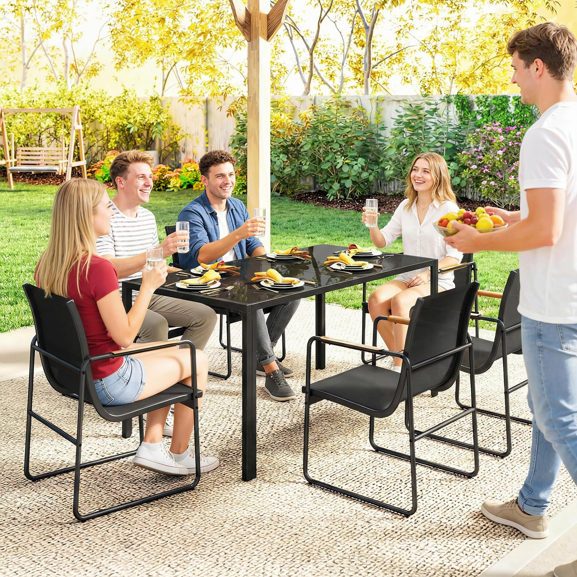 Outsunny Set Tavolo e Sedie da Giardino 7 Pezzi, Pranzo Esterno con Tavolo in Vetro Temperato, Sedie Texteline Traspirante, Acciaio, Nero