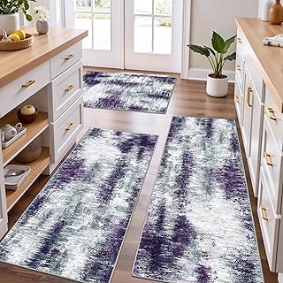 Tritard Upgrade Non Slip Kitchen Rugs Sets of 3 Washable Kitchen Mats for Floor Abstract Kitchen Runner Rug Soft Floor Mat Set Kitchen Carpet Rugs for Hallway, Laundry, Entryway, Office, Grey Purple