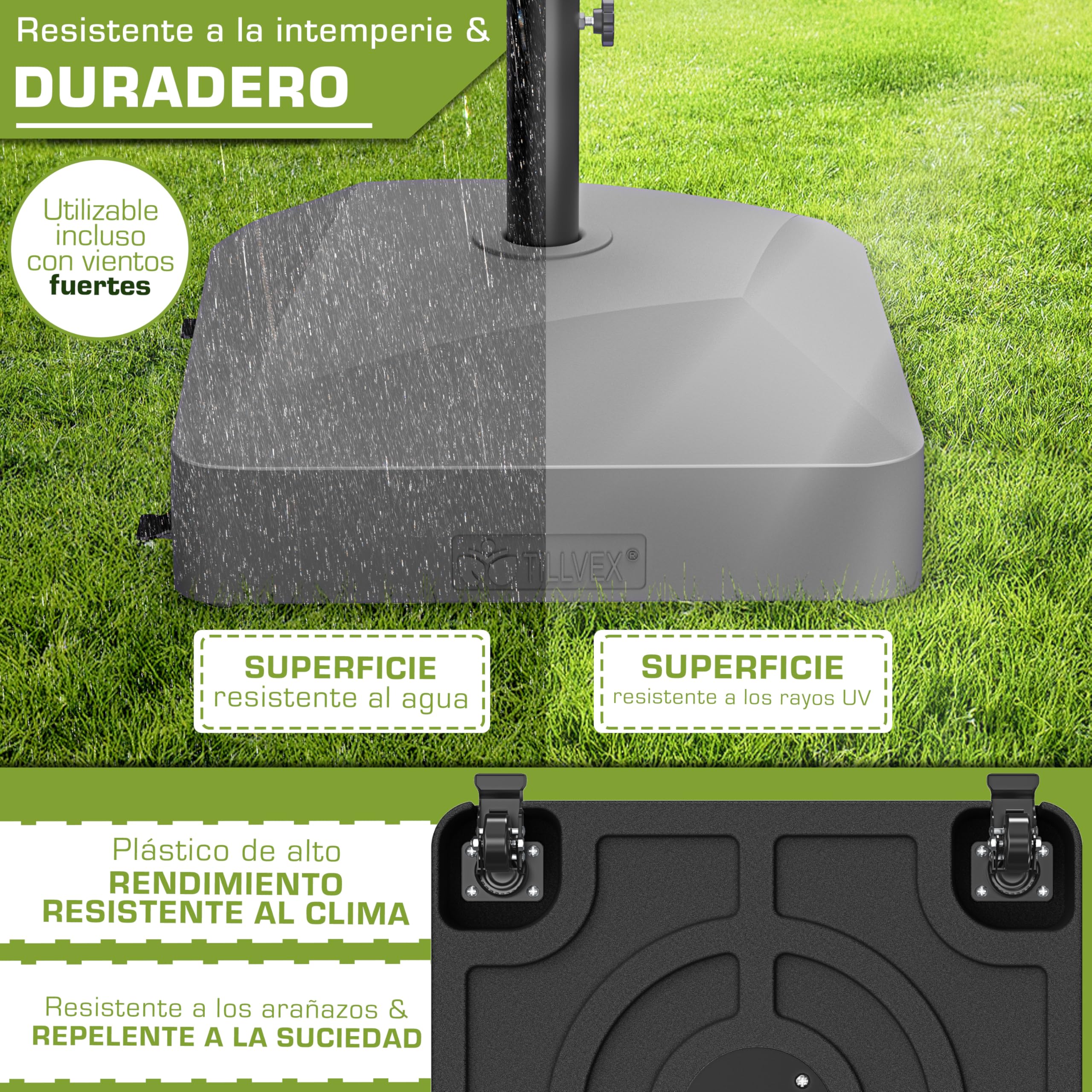 tillvex® Base de sombrilla GRAVIA con Ruedas y Frenos | Soporte de lastre rellenable 37L / 56kg | Pie para Parasol y sombrilla de Mercado Ø 1,8-3,7m | Resistente a la Intemperie y UV (Gris) — view 7