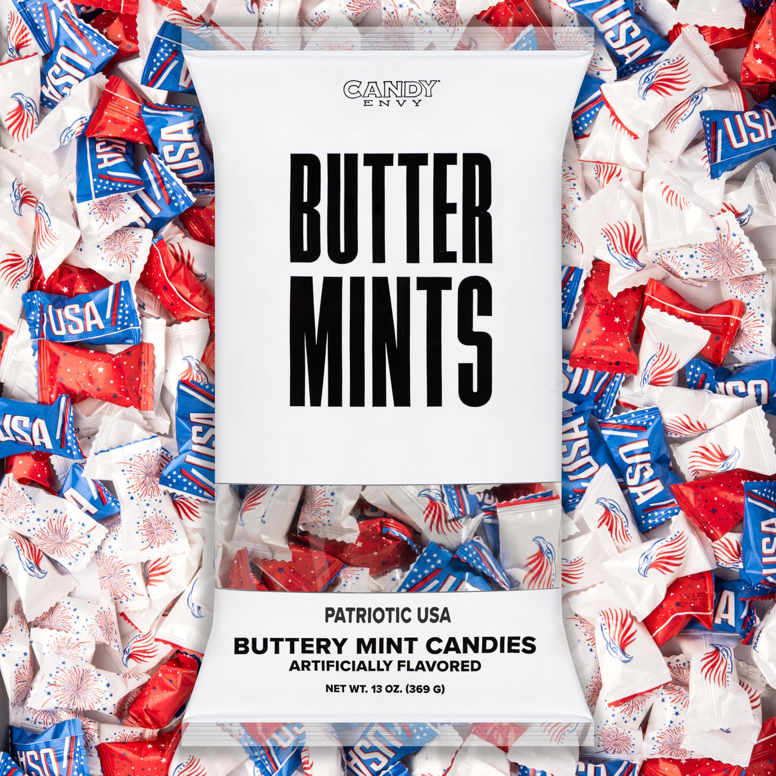 Patriotic USA Buttermints - 13 oz. Bag - Approximately 100 Individually Wrapped Mints - Fourth of July Memorial Day Party Candy Favors