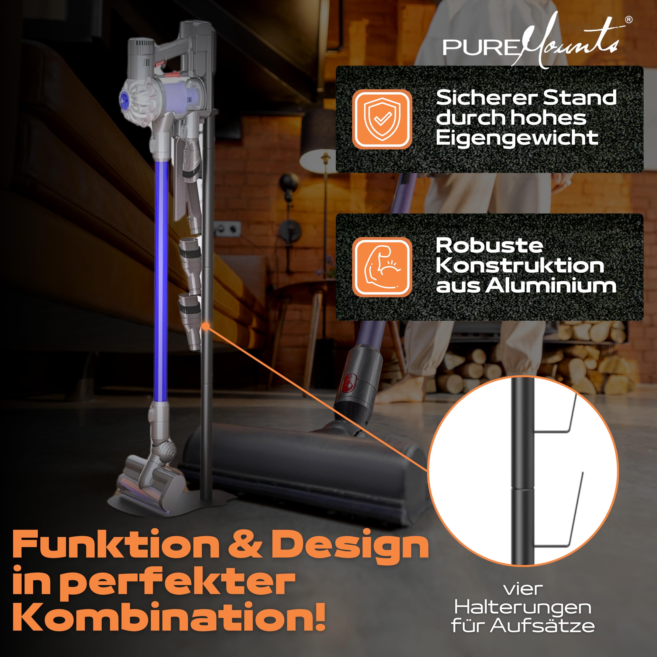 PureMounts Staubsauger Ständer Halterung universal kompatibel mit Dyson, Philips, Samsung, Bosch, Miele, Anyson, Xiaomi, Bodenständer, Zubehör Halter, Schwarz