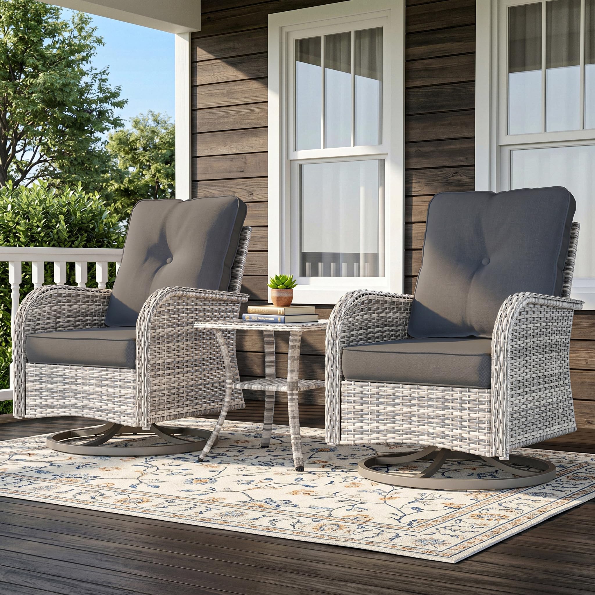 3-Piece Small Patio Furniture Set, Outdoor Swivel Rocking Chairs Set with Wicker Chairs and Tempered Glass Side Table, Outdoor Furniture Patio Bistro Set for Balcony, Deck, Porch