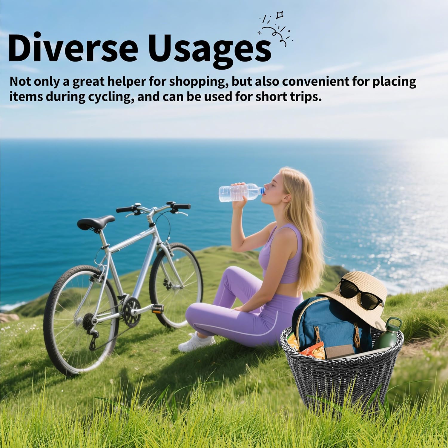 Handwoven Plastic Bike Basket - Waterproof Front Bicycle Basket for Adults & Kids, Fits Most Bikes (Beach Cruiser, Mountain Bike, Scooter)