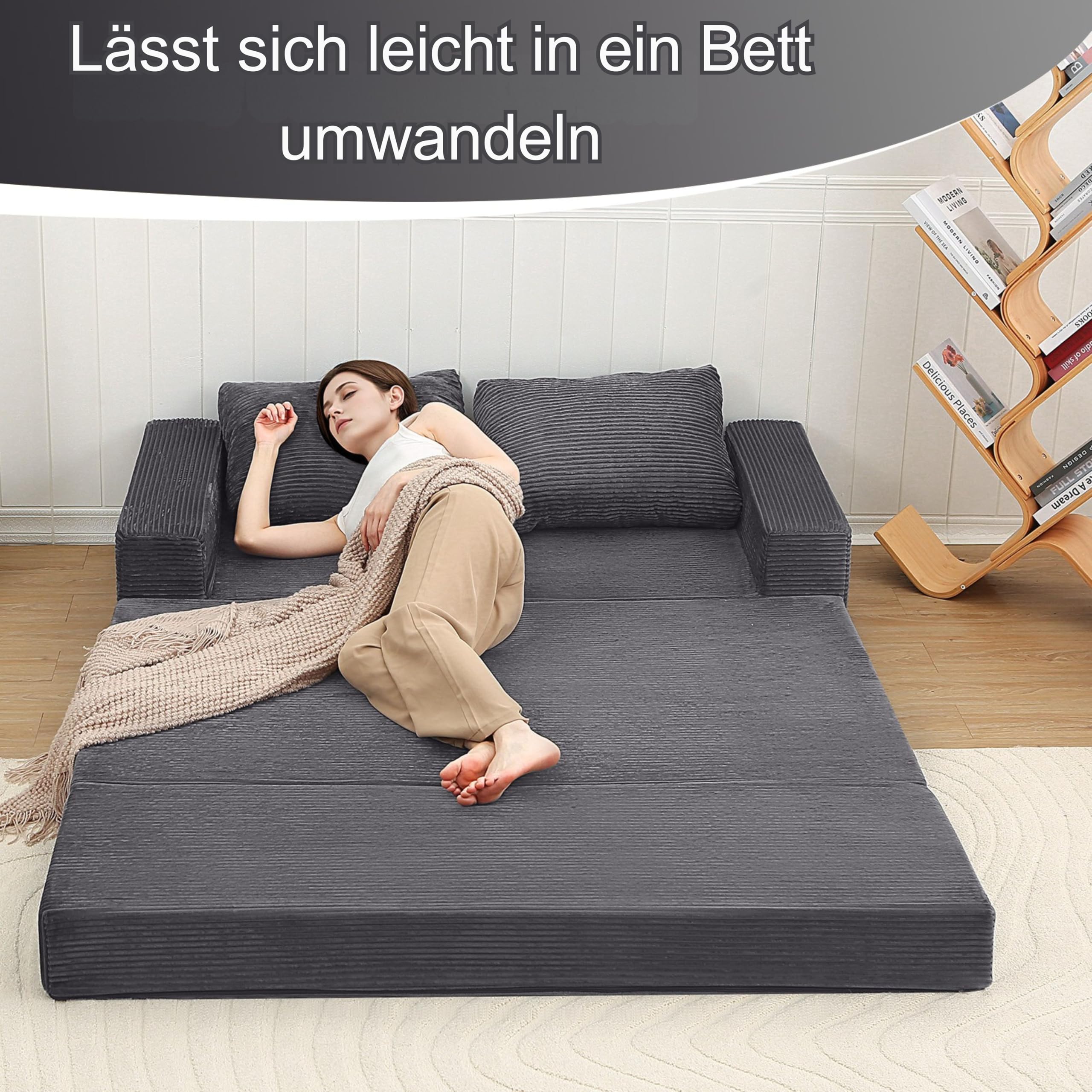 MeMoreCool Boneless Couch, Cord Faltbares Bodensofa mit Kissen, Ausziehbares Futon Schlafsofa, Bequemes Lounge-Sofa/Matratze/Gästebett für Wohnzimmer und Schlafzimmer, Grau