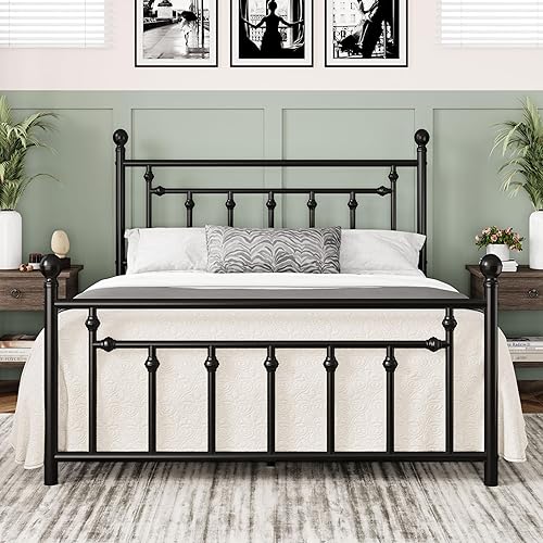 Allewie Base de cama de plataforma metálica de tamaño matrimonial de 14 pulgadas con cabecera y estribo vintage victoriano base de colchón