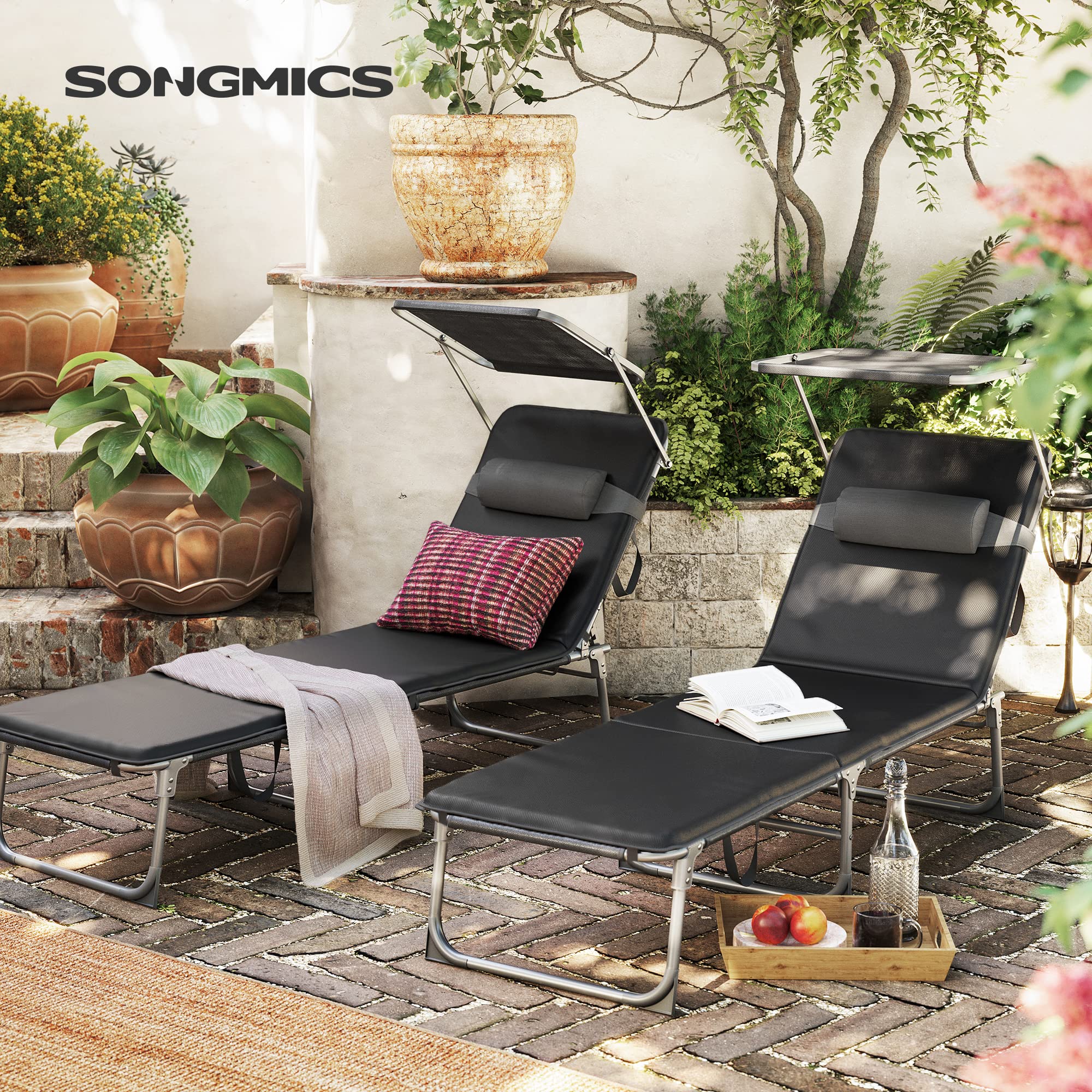 SONGMICS GCB193B01 składany leżak plażowy, 53 x 193 x 29 cm, obciążenie do 150 kg, ochrona przed słońcem, zagłówek, regulowane oparcie, nakładka na ogród, basen, taras, szaro-czarny