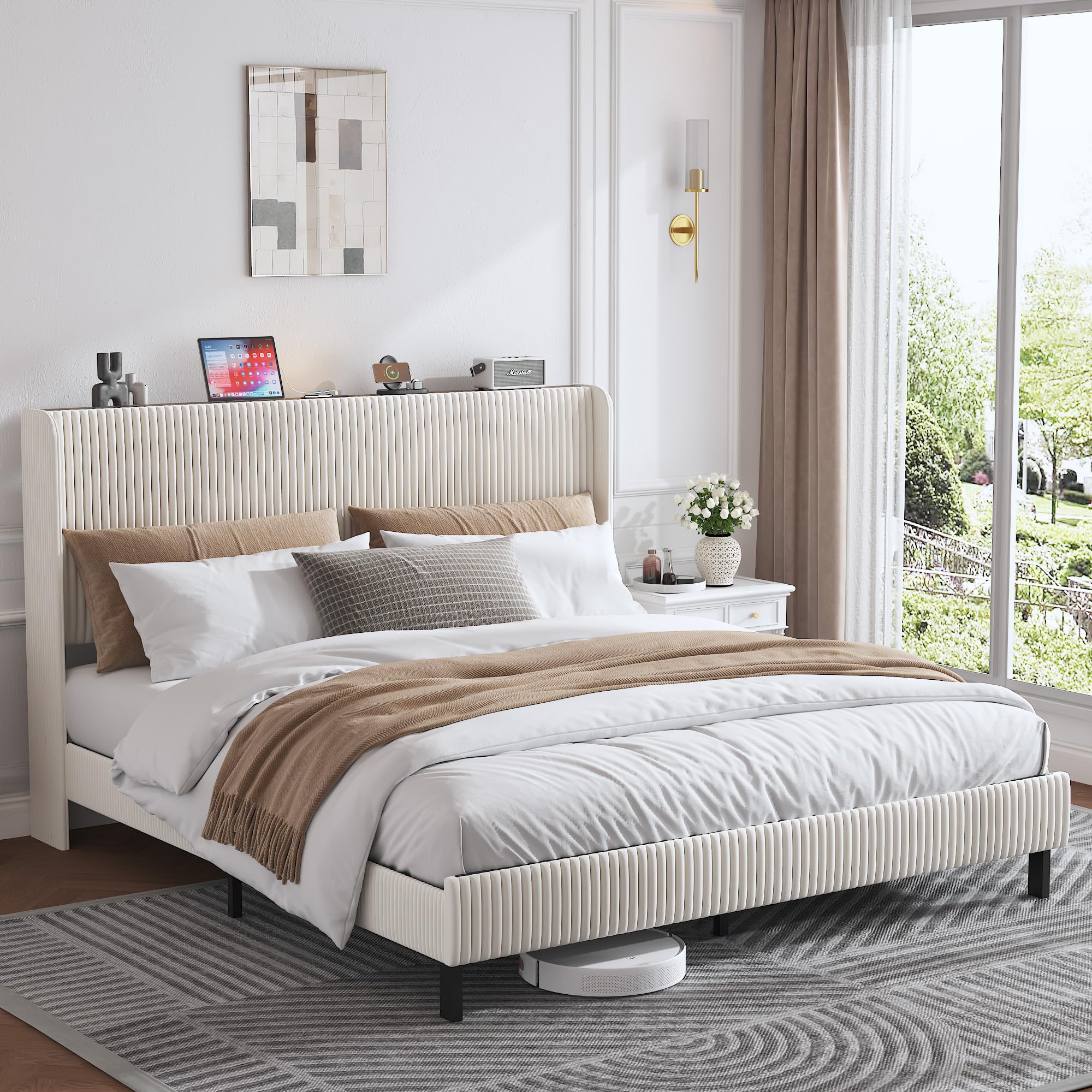 OKMYHOME Cama Tapizada 180x200 cm, Cama Doble Grande con LED y Puerto USB Tipo C, Estructura con Somier de Láminas de Metal, Tela Acanalada, Beige, Sin Colchón