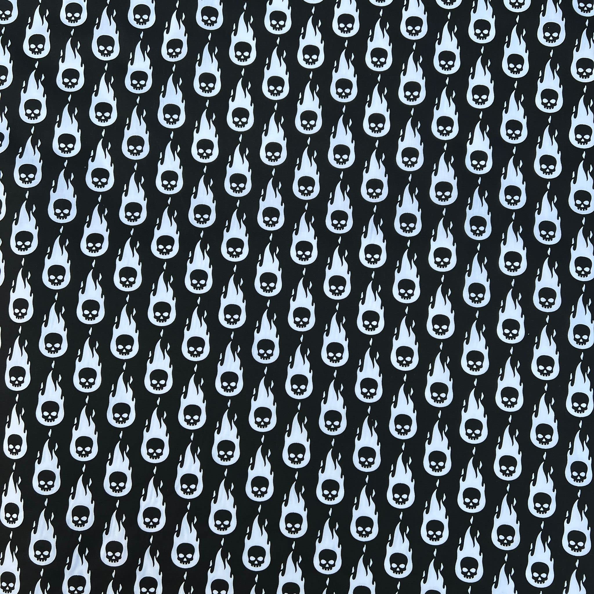 Printed Polycoton Poly Cotton Halloween Bats & Crows Design Novelty Children's Kids Dress Craft Bunting Fancy Dress Sewing Fabric Material | 45" - 112 cm Wide (per Metre, Fiery Skulls Black) โ image 1