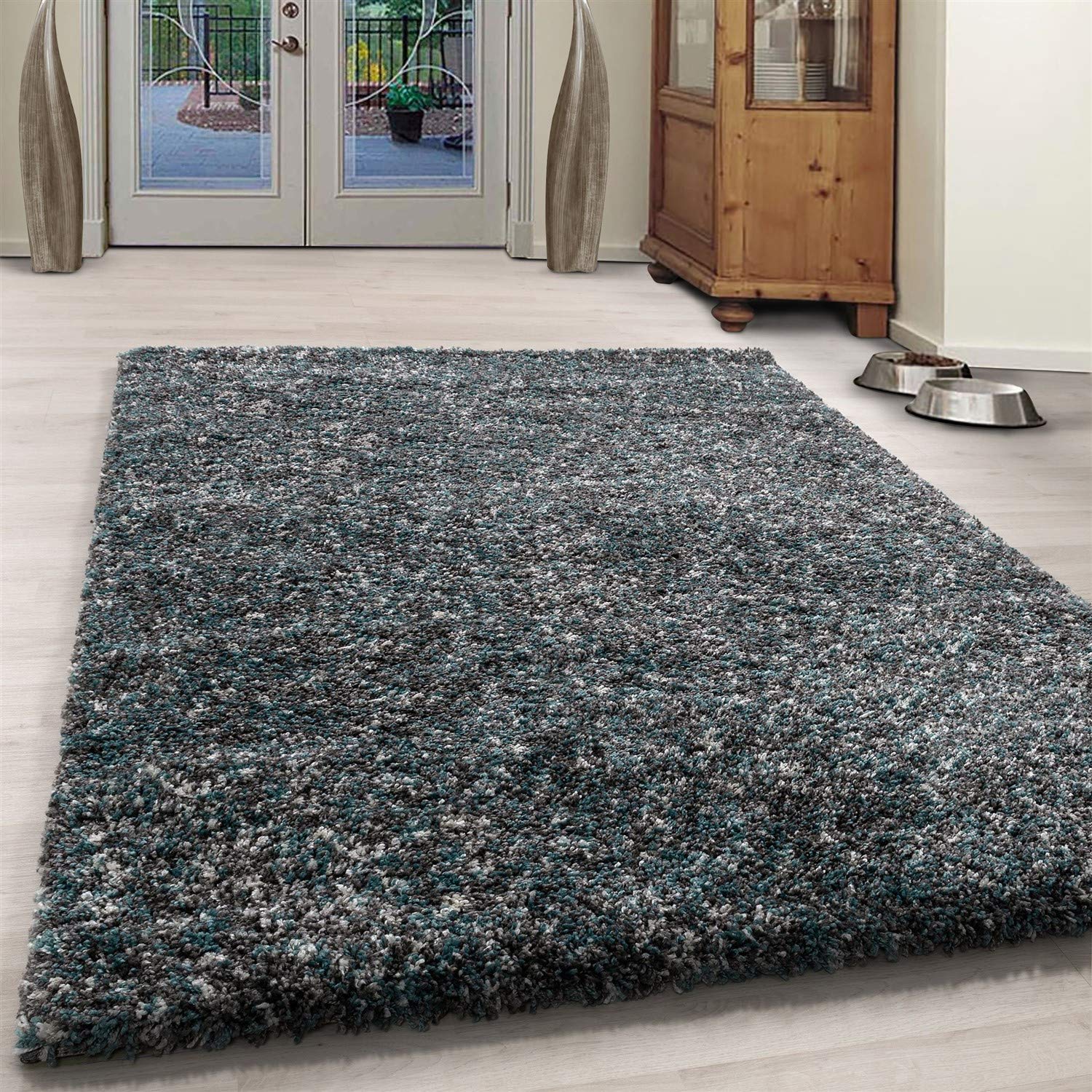 Bravich Extra X-Large Grey and Teal Blue Mix Blend Pattern Design Mix Thick Shag 5cm Super Soft High Deep Pile Shaggy Area Rug/Living Room Rug Carpet 200 x 290 cm (6ft7 x 9ft6) — image 1