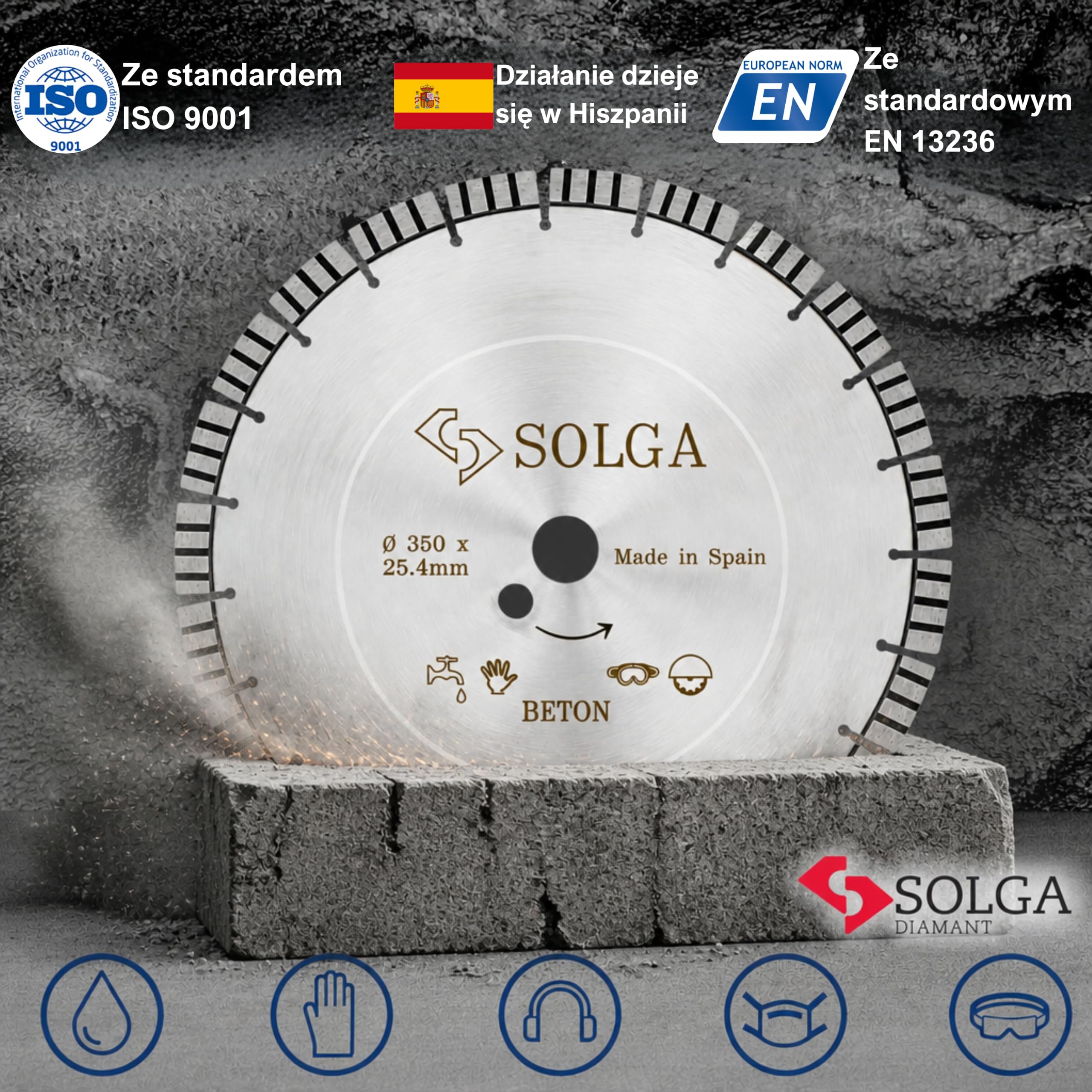 SOLGA DIAMANT Tarcza tnąca 350 mm TURBO, tarcza tnąca 350 mm, diamentowa tarcza tnąca do betonu zbrojonego, betonu, cegły, kamienia, betonu komórkowego, granitu, brzeszczot piły benzynowej,