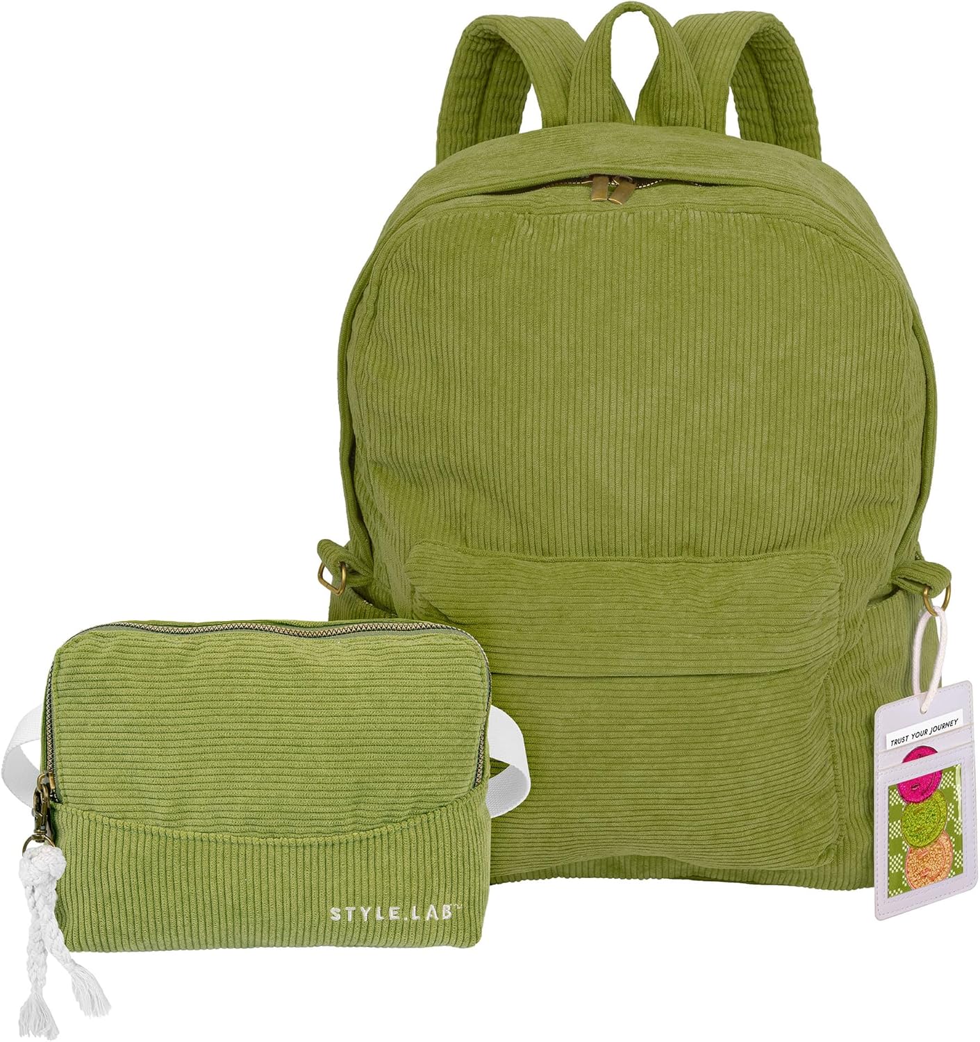 Fashion Angels Style.Lab Backpack for Kids, Corduroy Travel Bookbag with Matching Belt Bag, Cute & Stylish Design, Ideal for Girls & Boys in School, Green