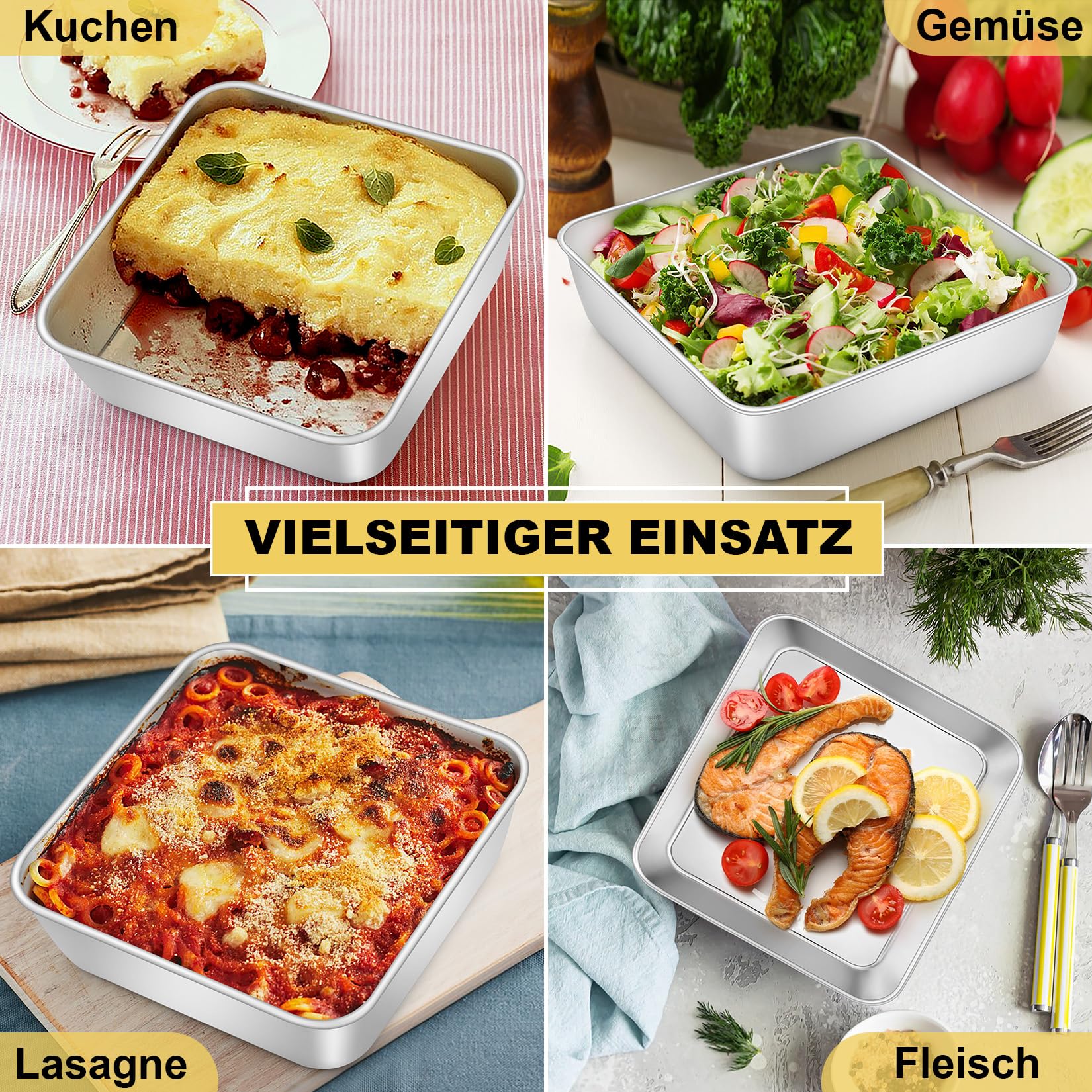 Set di 2 stampi quadrati per torte, in acciaio inox, perfetti per torte, brownie, lasagne, sani e lavabili in lavastoviglie, 15 x 15 x 5 cm