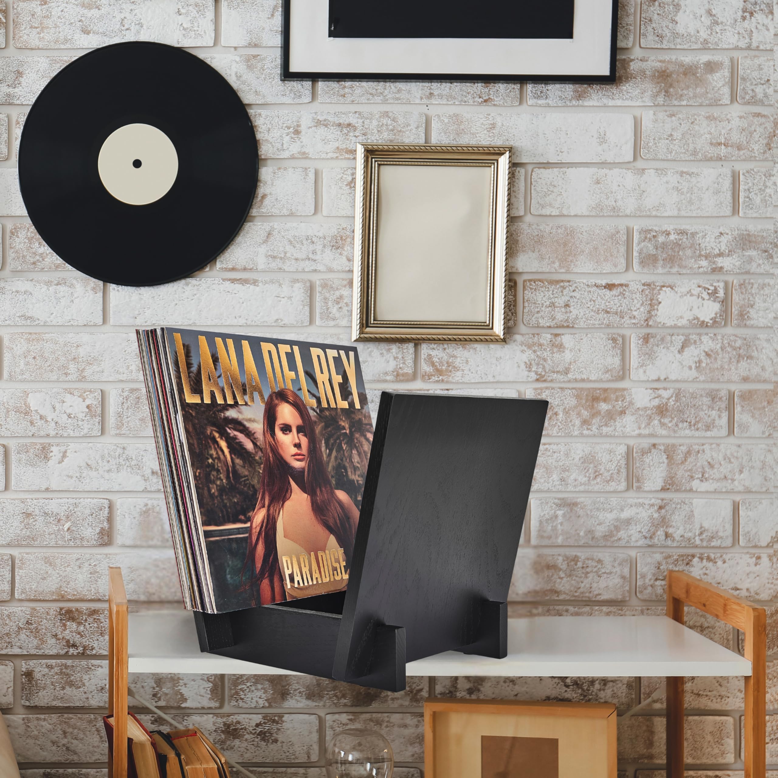 Honygebia Soporte de Vinilos de Madera Maciza - Estante de Roble Negro en Forma de V para Exhibición y Almacenamiento, Ideal para 40 LPs Premium