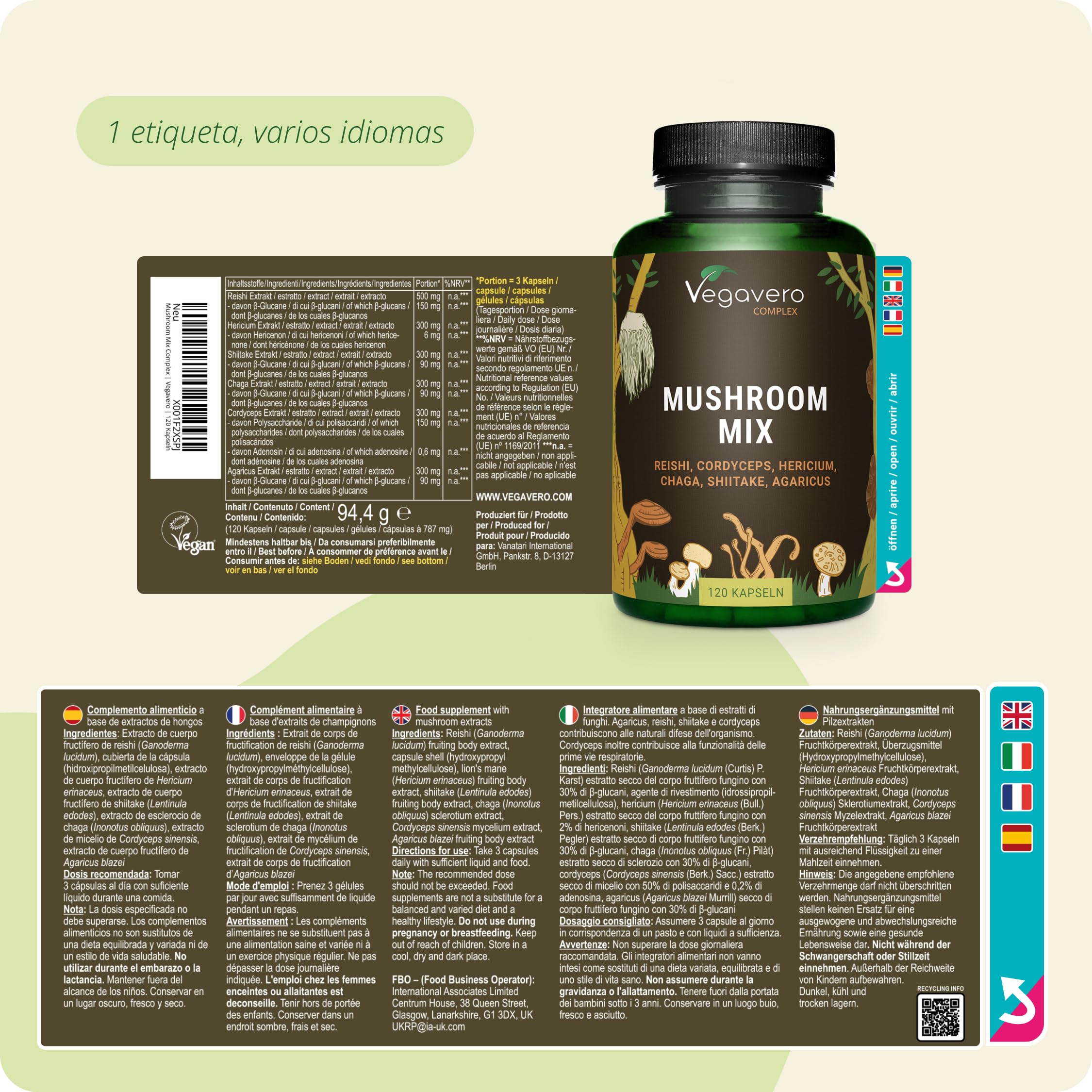 Hongos Complex de 6 Sepas | 2000 mg de Extracto | Reishi + Cordyceps + Lions Mane + Shiitake + Chaga | 120 Cápsulas | Sistema Imune y Defensas | Vegano & Sin Aditivos | Vegavero