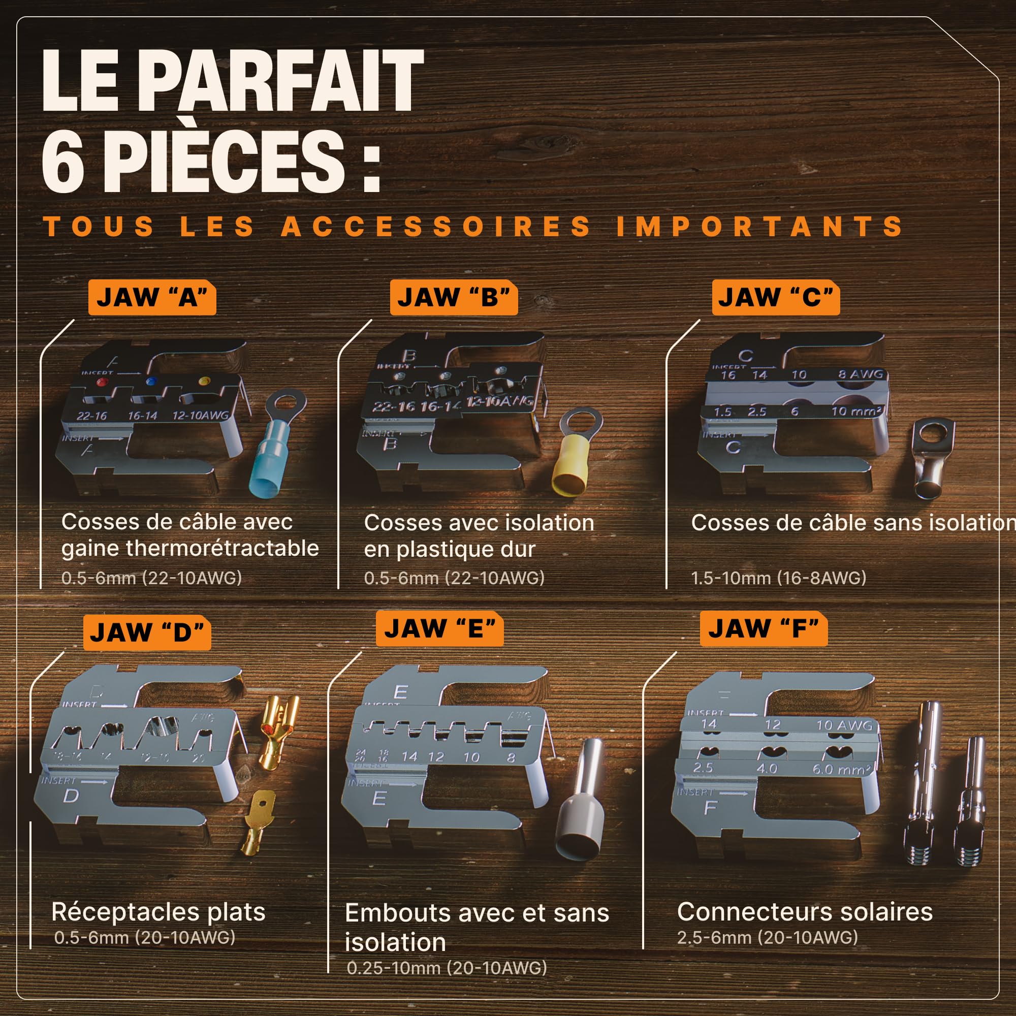 BAURIX® Pince à Sertir Mâchoires Interchangeables – + Pince à Dénuder | Modèle HEKTOR PRO & AKURA. 6 jeux de mors + pince à dénuder. Cosses, fastons, embouts et connecteurs isolés.