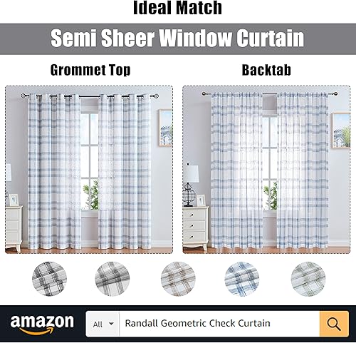 Miniatura 8 de Dos paneles de cortina Randall de lino con diseño geométrico de cuadros para ventana, mezcla de lino, con ojales semitransparentes, estilo rústico
