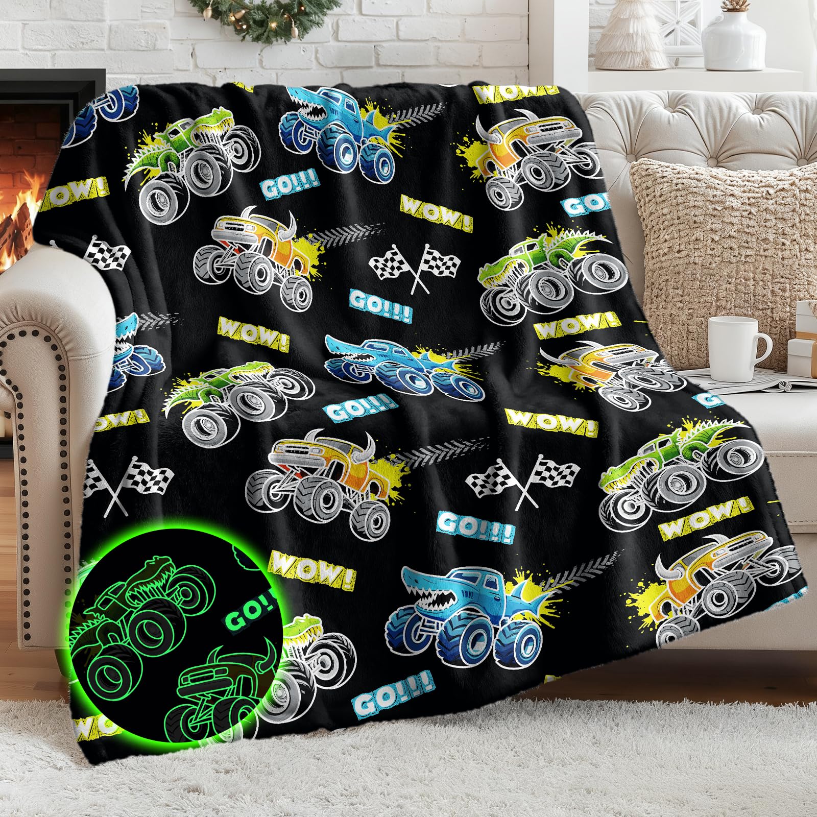 Levens Truck Blanket 50"x60" Glow in The Dark Blanket for Boys Toddler Monster Shark Truck Toys for Kids Birthday Gifts, Glowing Truck Tractor Cars