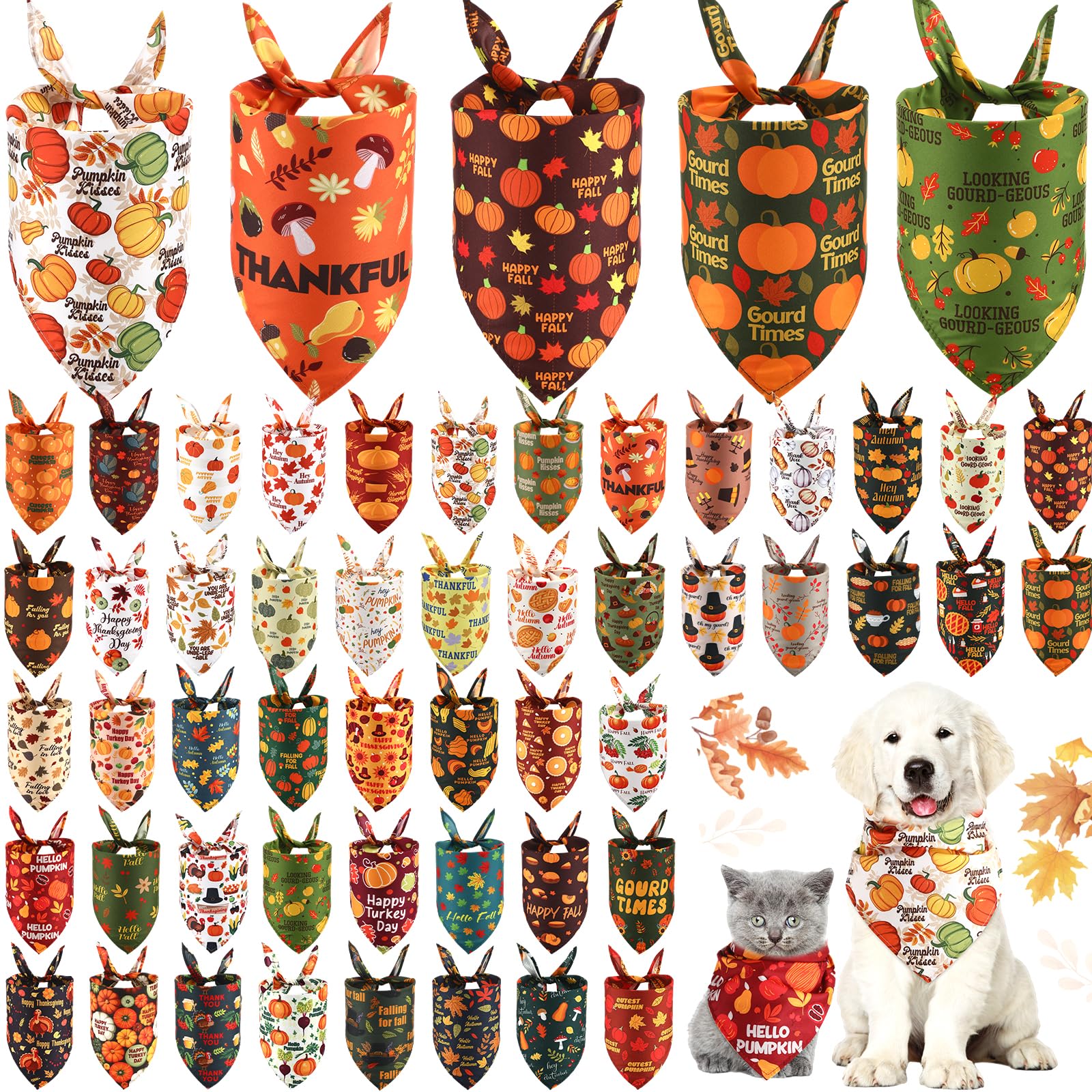 Abbylike 50 Pcs Fall Dog Bandanas Bulk Pet Scarfs Triangle Bibs Adjustable Washable Puppy Kerchief Seasonal Pet Costume