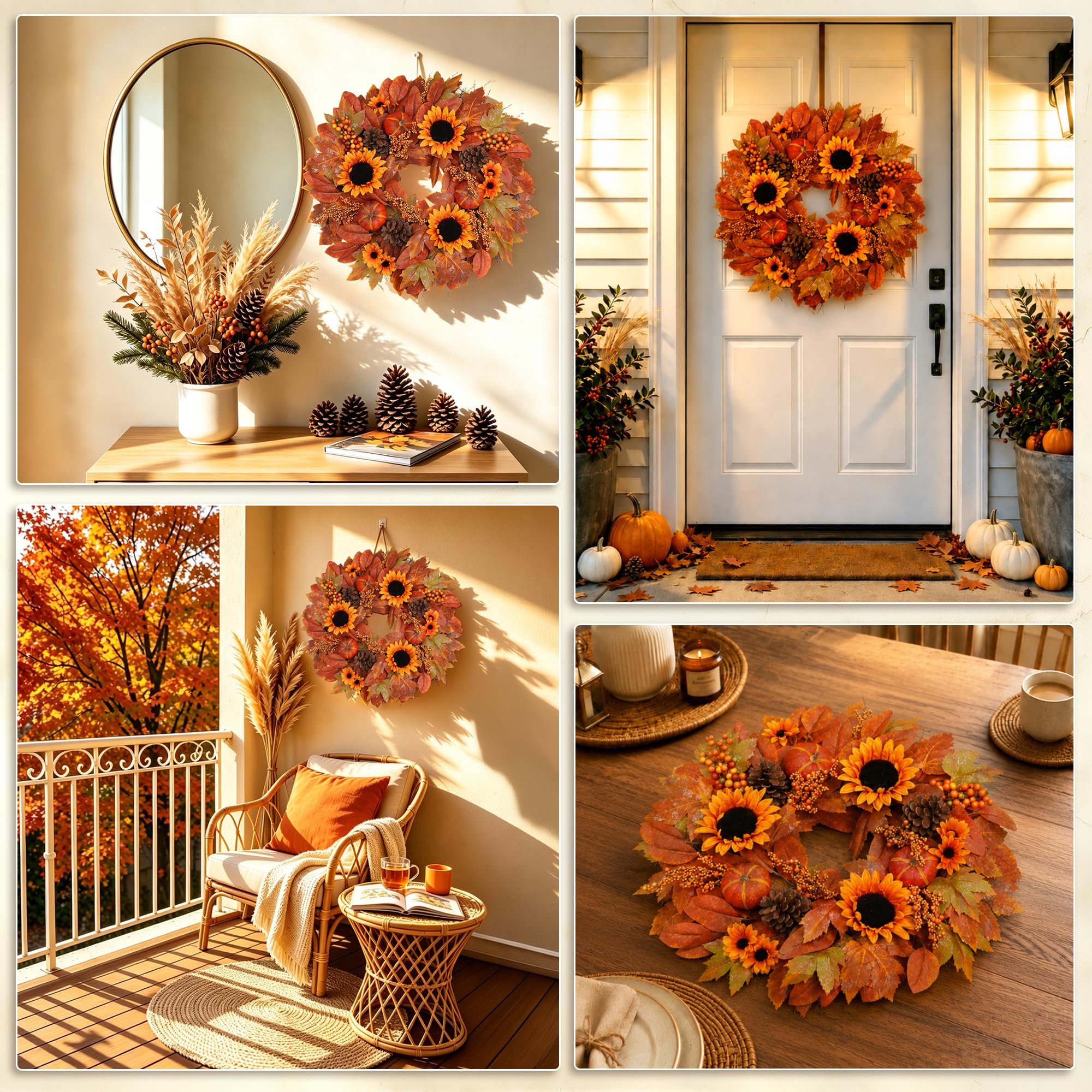 Couronne d'automne de tournesols de 61 cm pour porte d'entrée