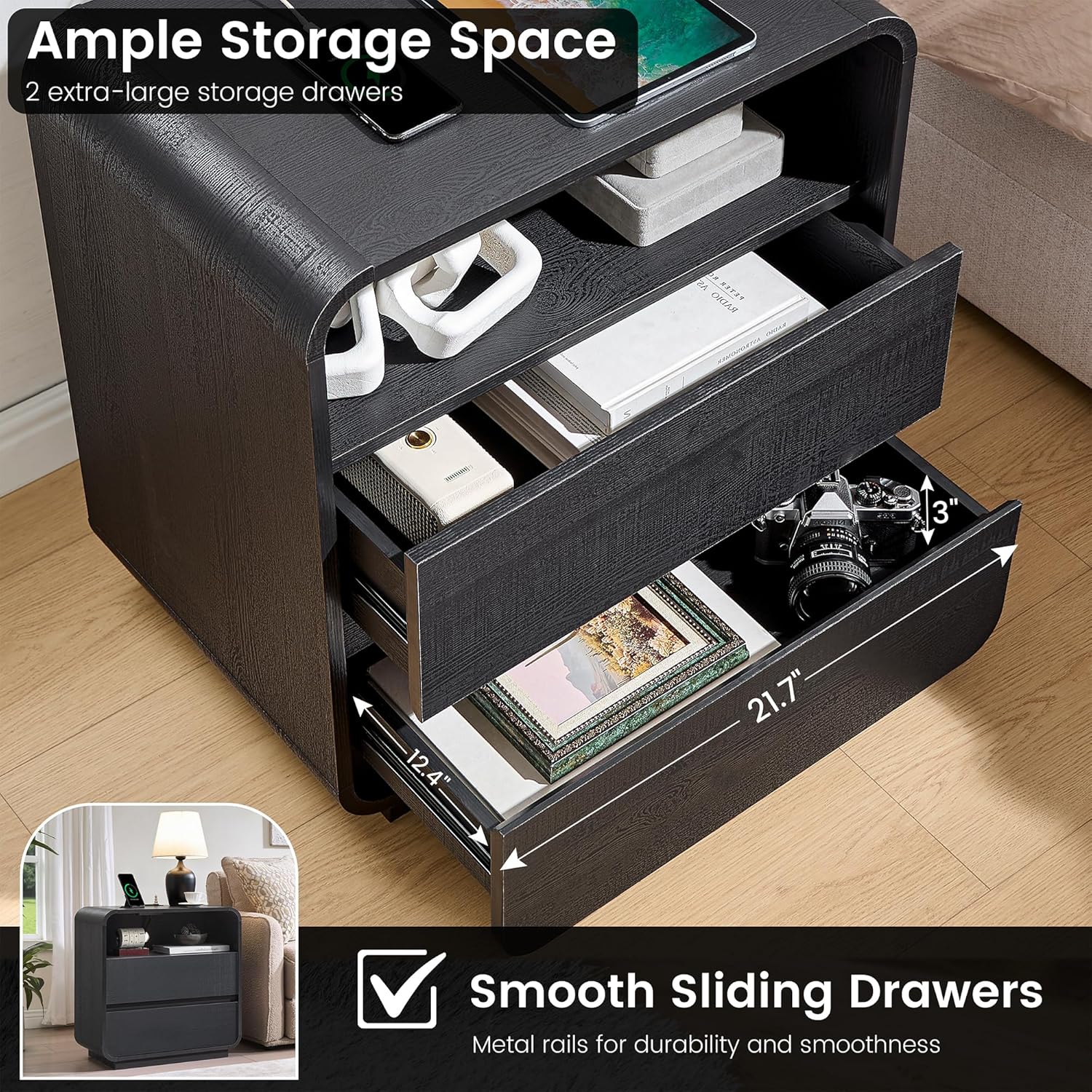 Open drawers of the nightstand showing ample storage space for various items.