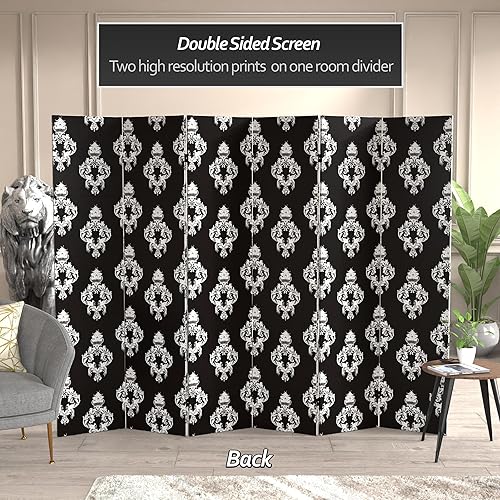 Miniatura 3 de Red Lantern Divisor de habitación de 6 paneles de lona de damasco blanco y negro de doble cara de 6 pies de alto
