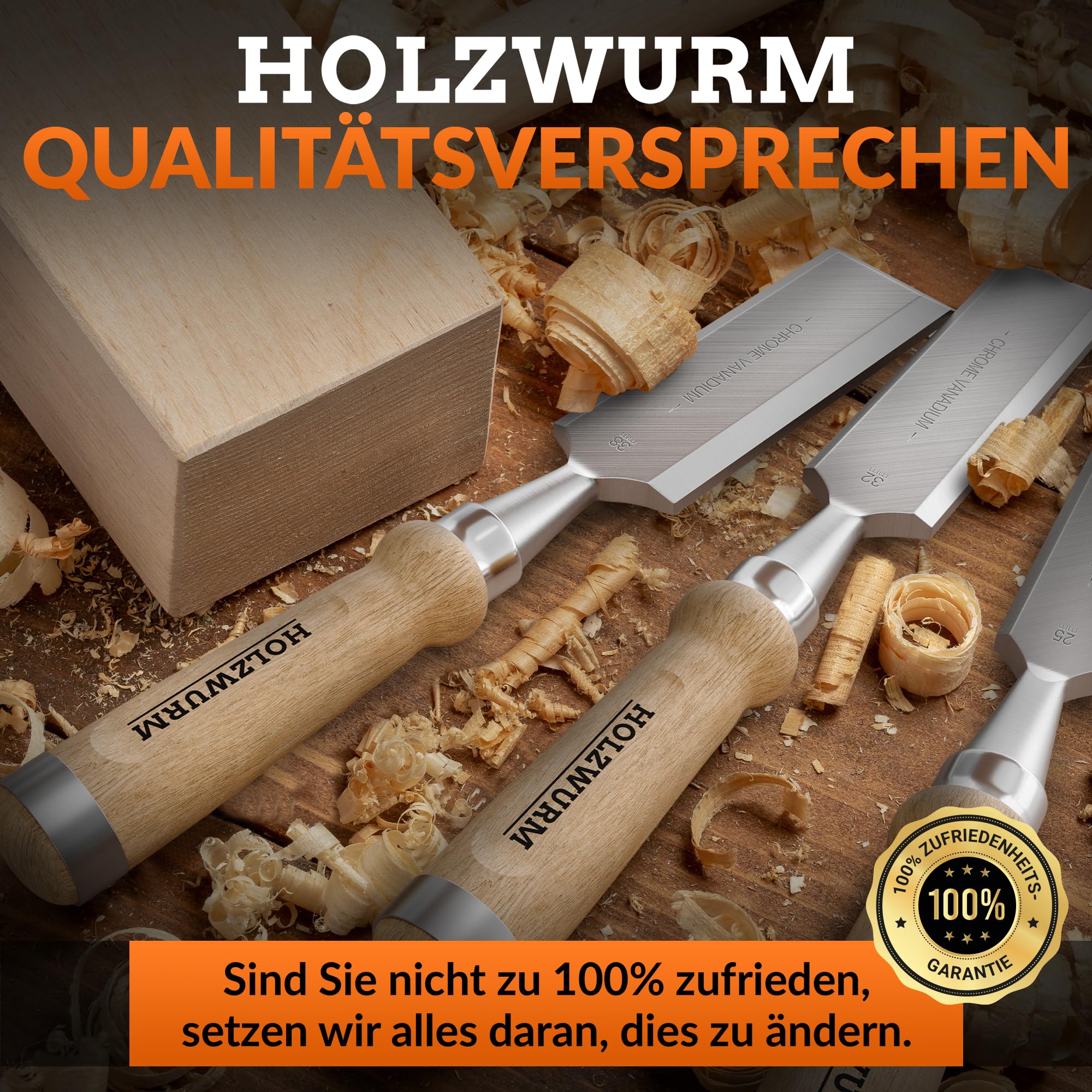 HOLZWURM Profi Stechbeitel-Satz für Holz, Stemmeisen-Set mit Schleifstein, 6 Meißel, Anleitung zum Schärfen und Holz-Koffer
